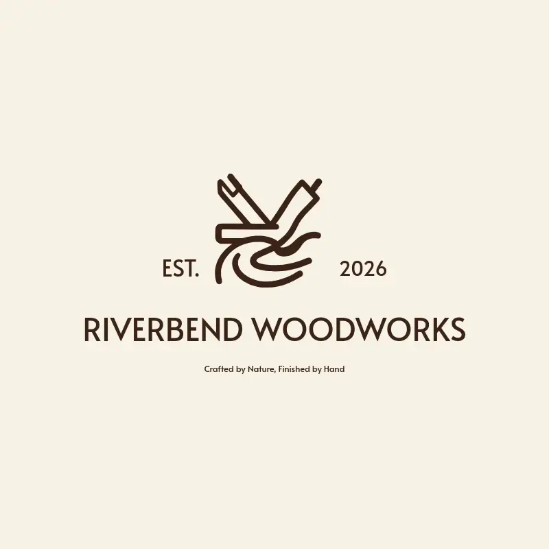 The woodworking name Riverbend Woodworks as a branded logo with a single color icon