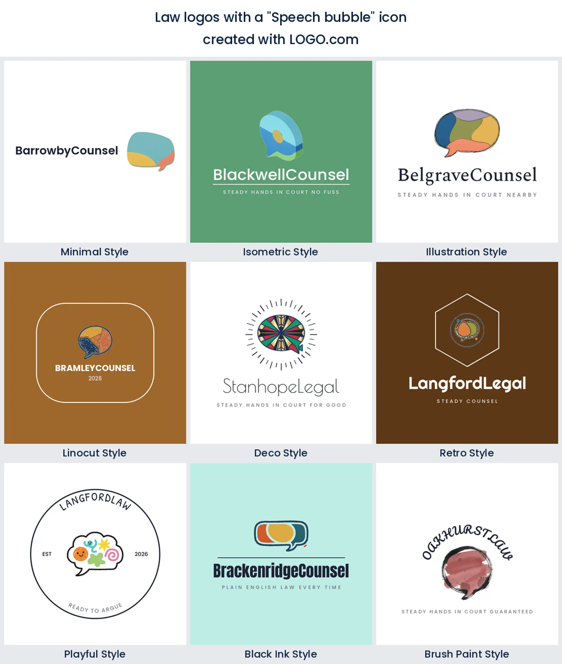 Speech bubble marks for legal advice brands across nine styles