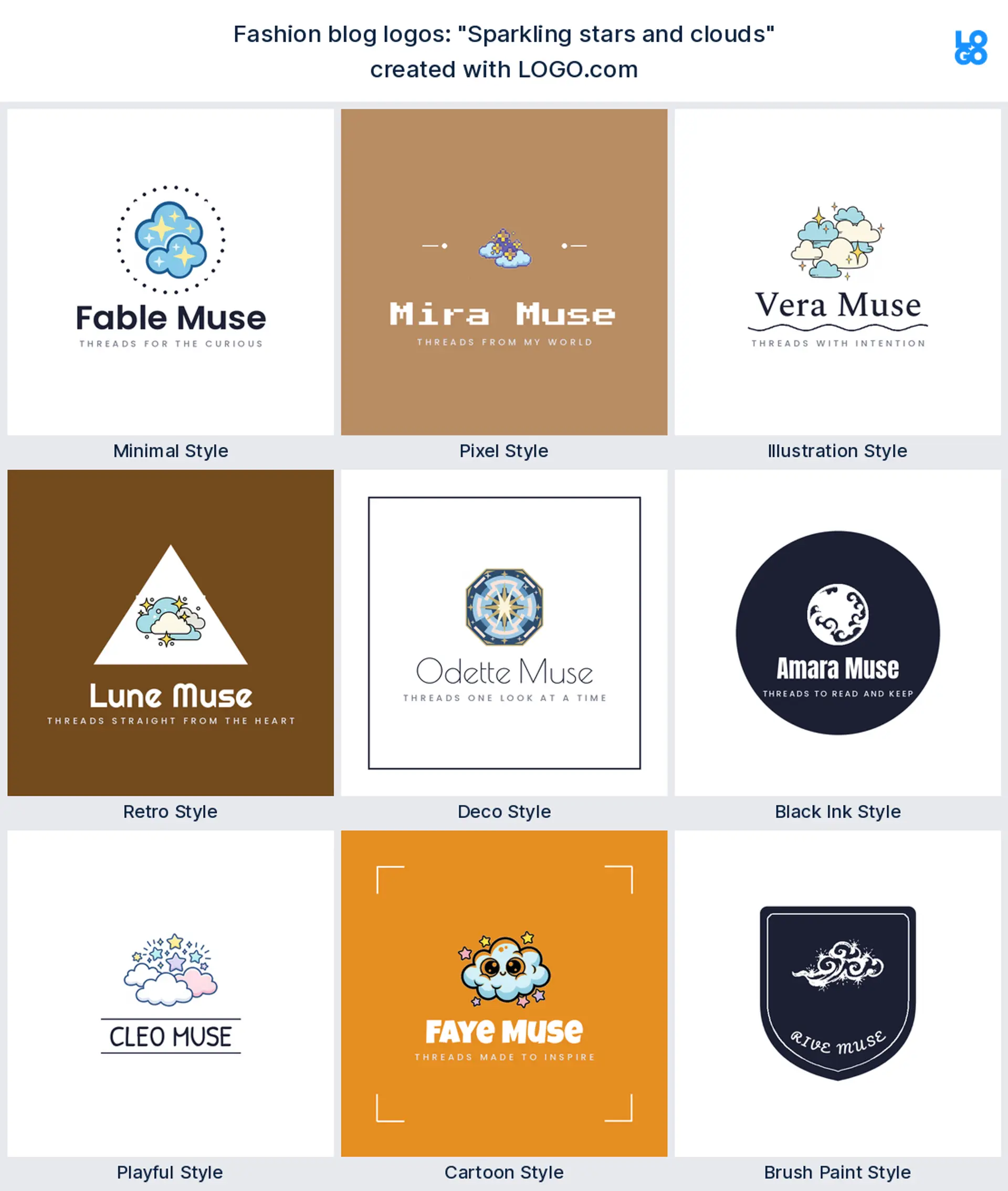 The "Sparkling stars and clouds" logo idea shown across nine LOGO.com styles