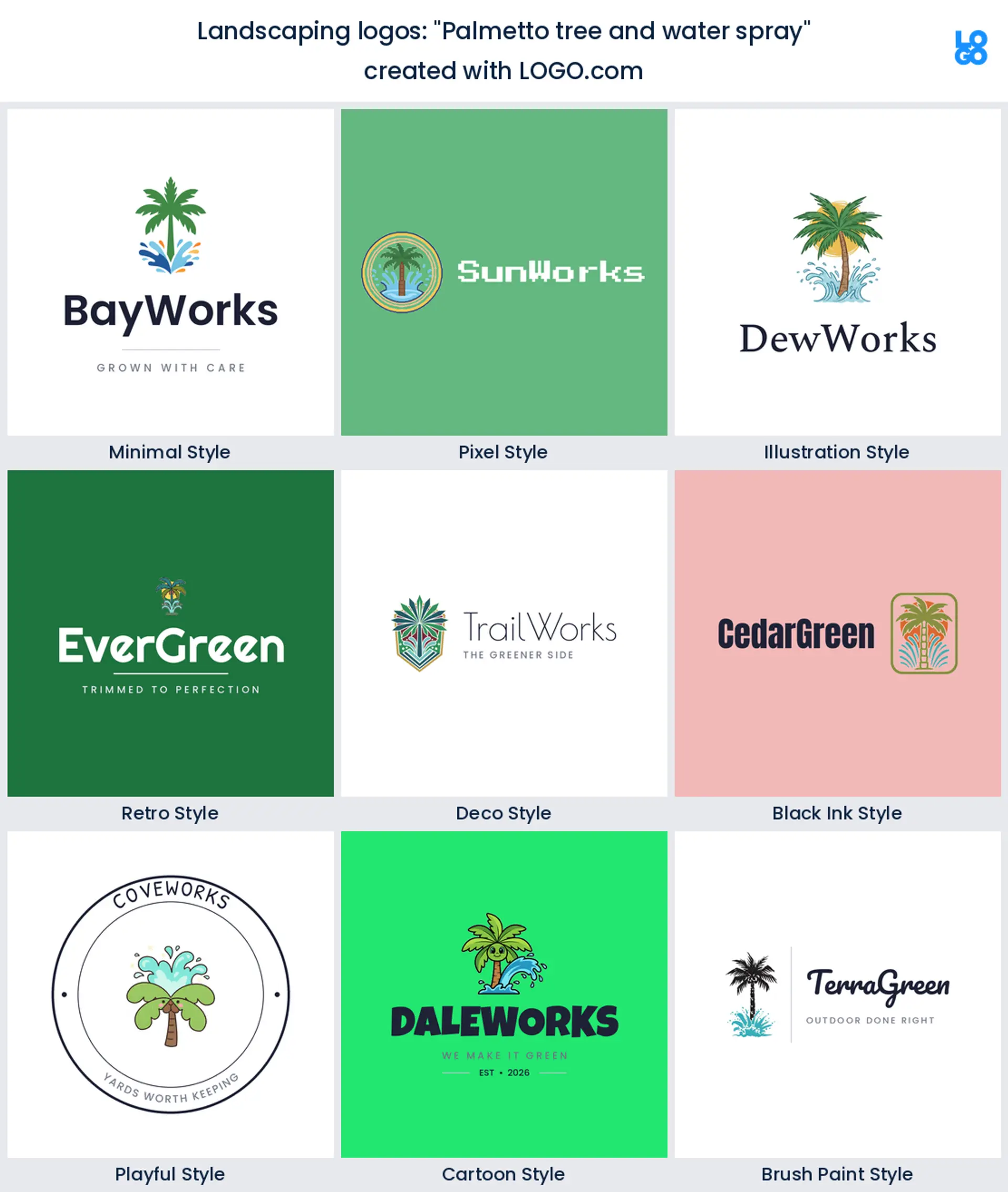Palmetto tree and water spray, a landscaping logo idea shown in nine LOGO.com styles