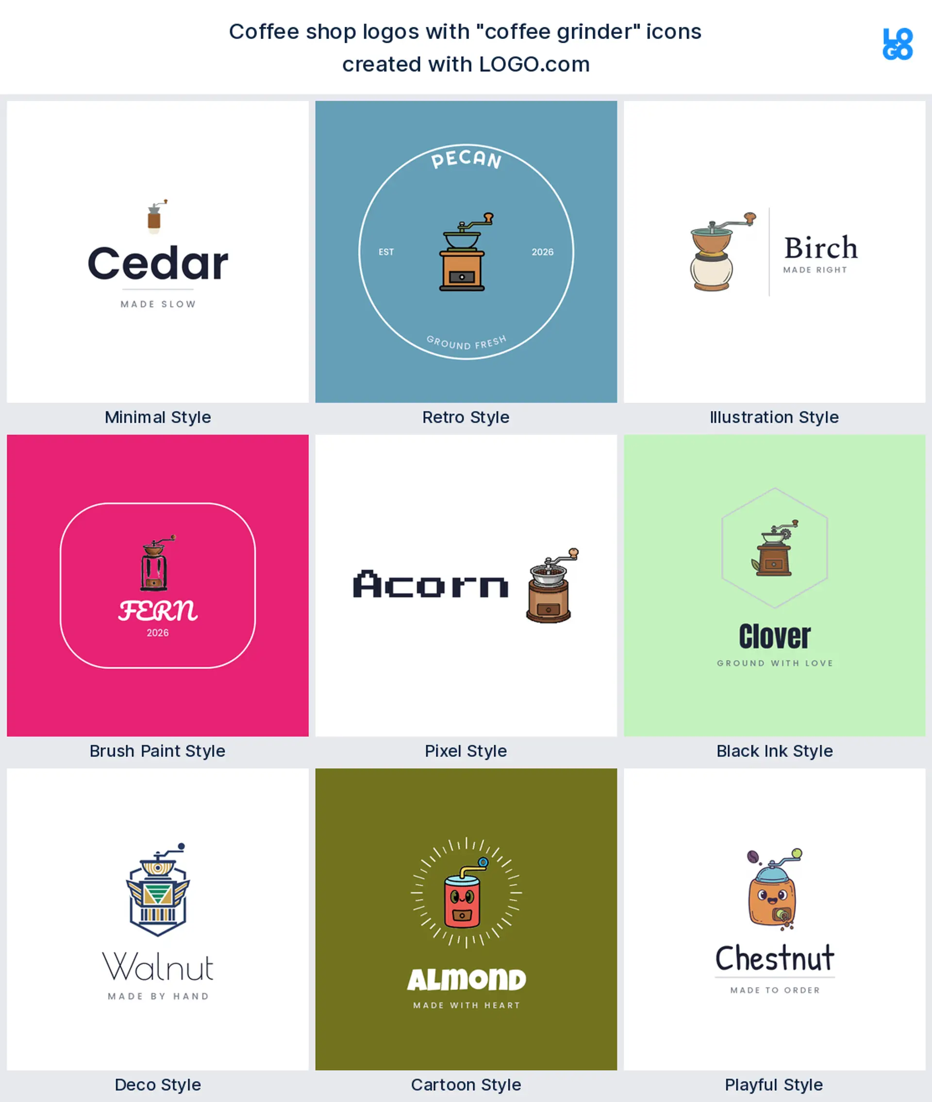 Coffee grinder logo shown in nine LOGO.com styles