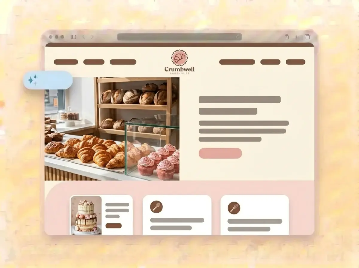 Finished Crumbwell Bakehouse website built by LOGO.com from the uploaded logo, with a bakery counter of croissants, sourdough and pink cupcakes in the hero photo