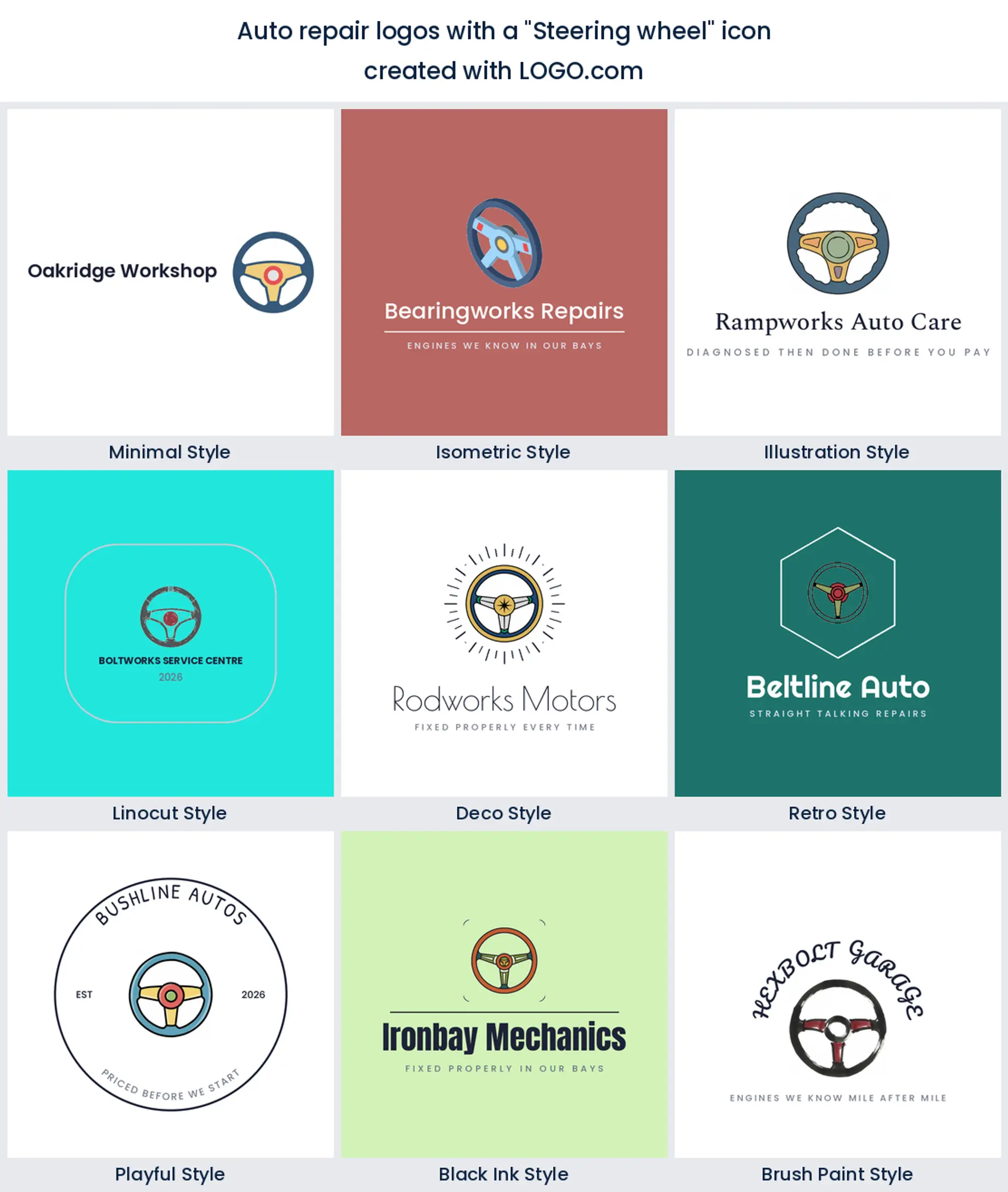 Steering wheel auto repair logo shown in nine LOGO.com styles