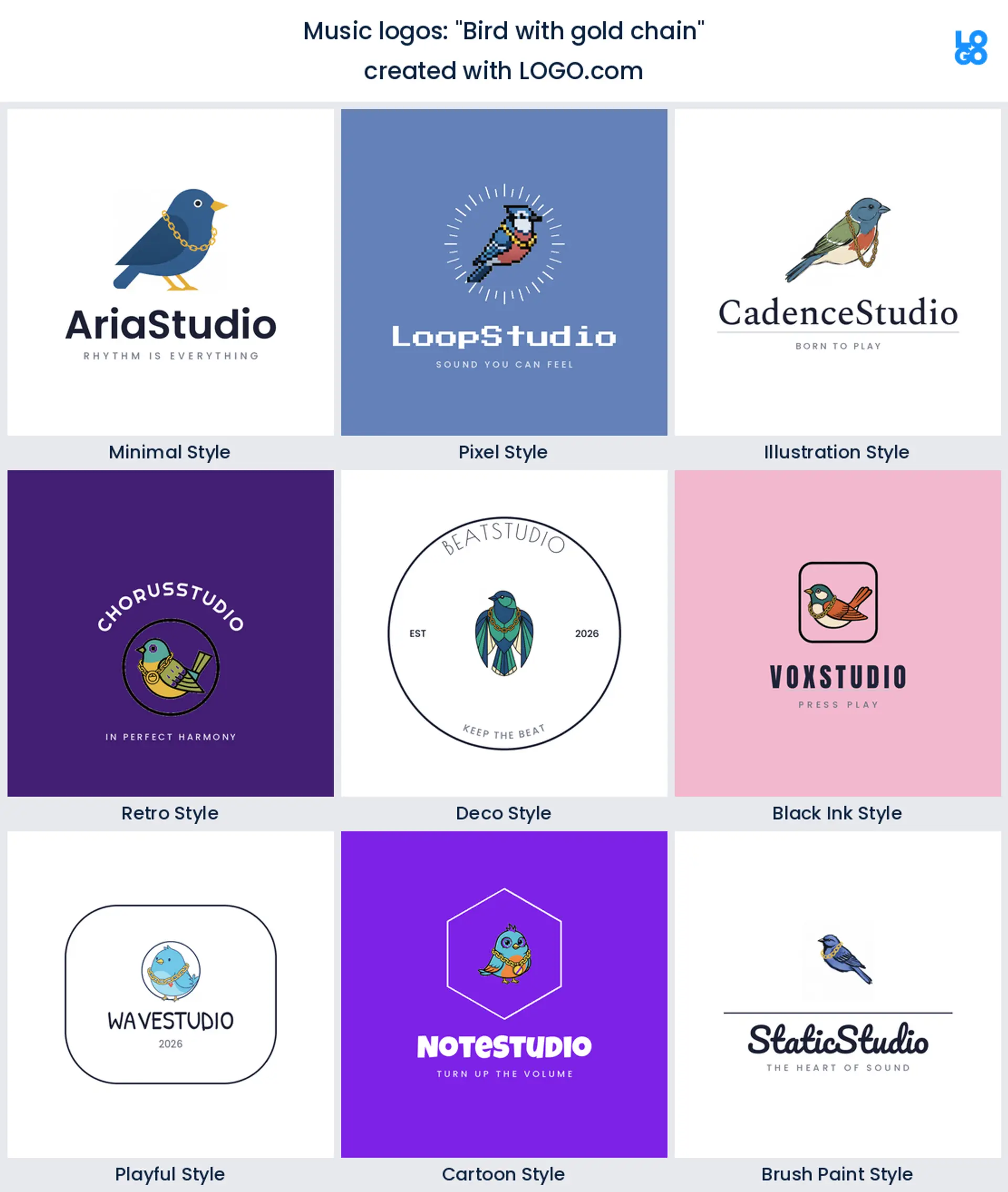Bird with gold chain, a music logo idea shown in nine LOGO.com styles