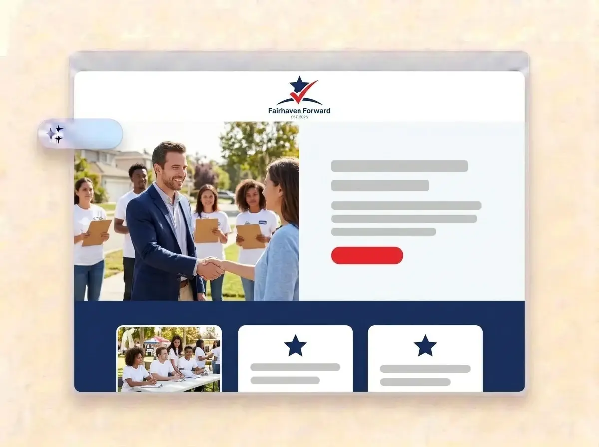 Finished Fairhaven Forward campaign website built by LOGO.com from the uploaded logo, with a candidate greeting neighbors in the hero photo