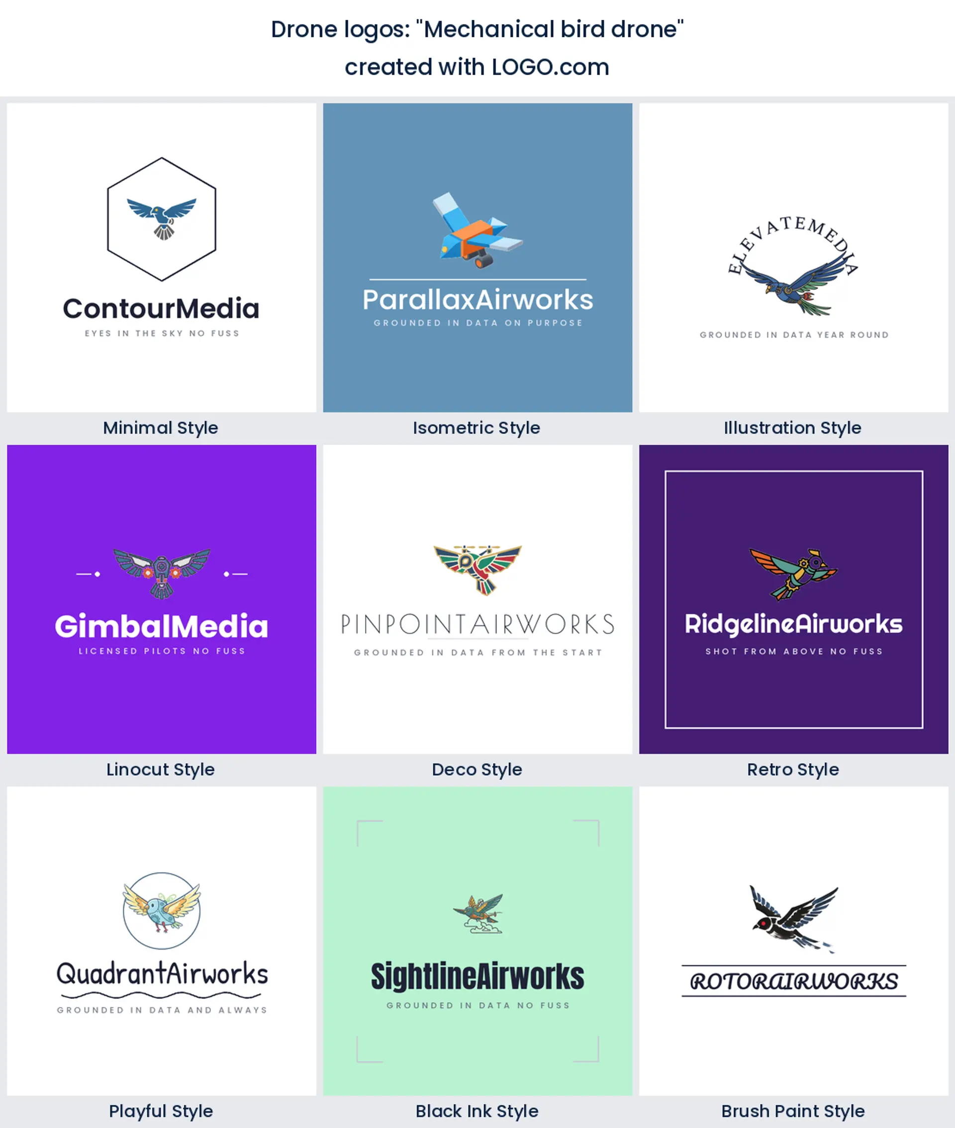Mechanical bird drone logo shown across nine LOGO.com styles