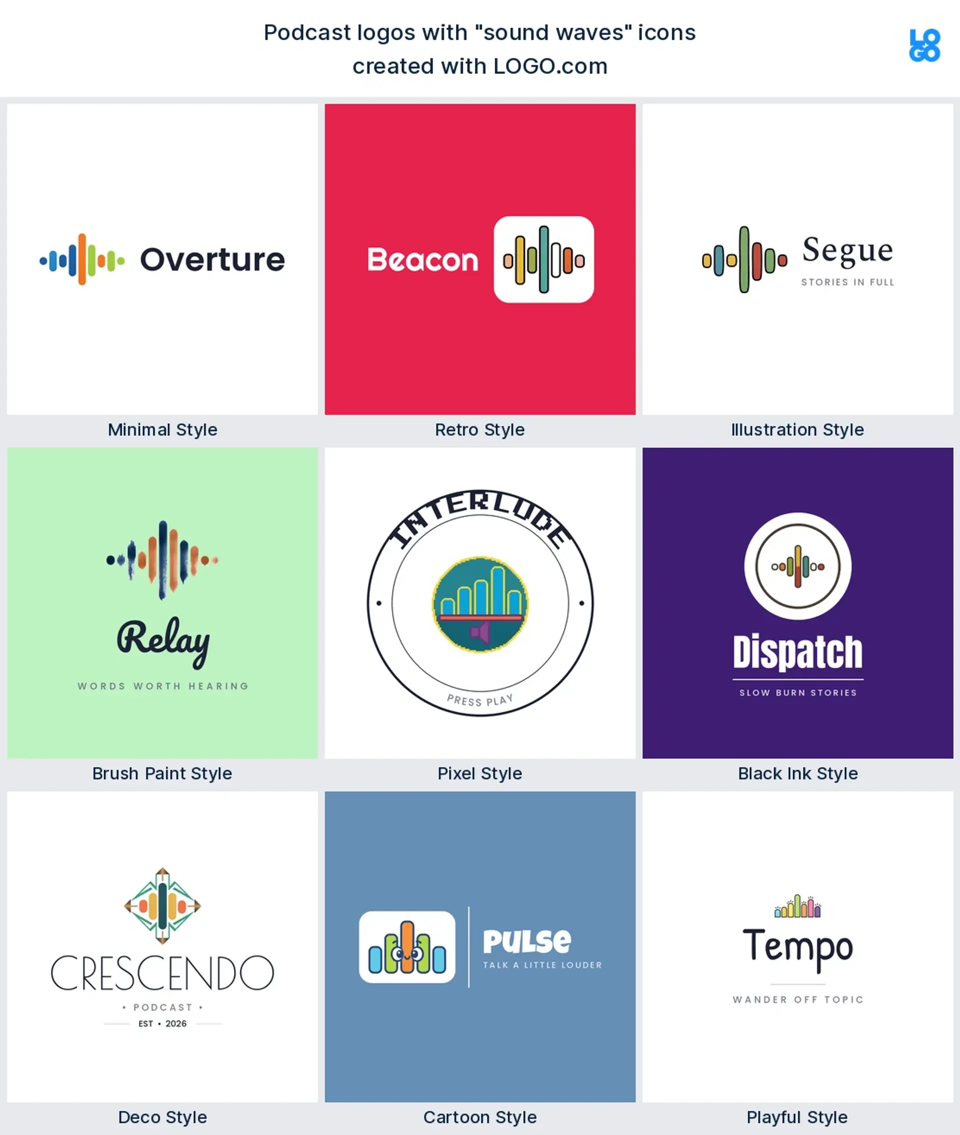 Sound waves podcast logo shown in nine LOGO.com styles
