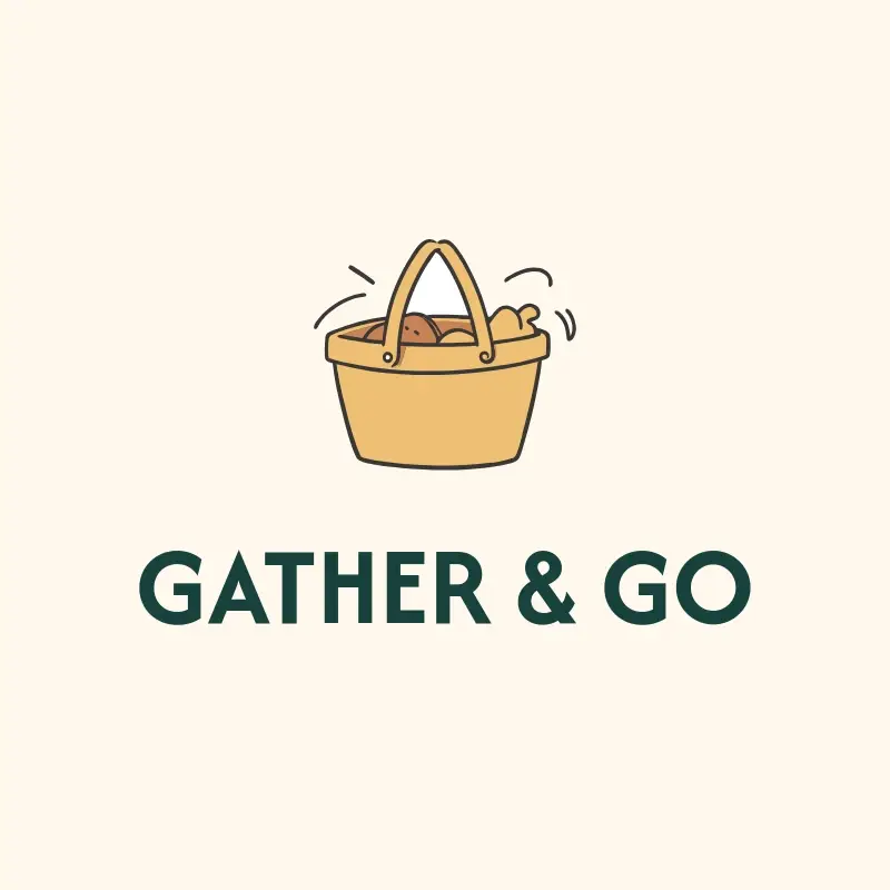 The catering name Gather & Go as a branded logo with a color icon