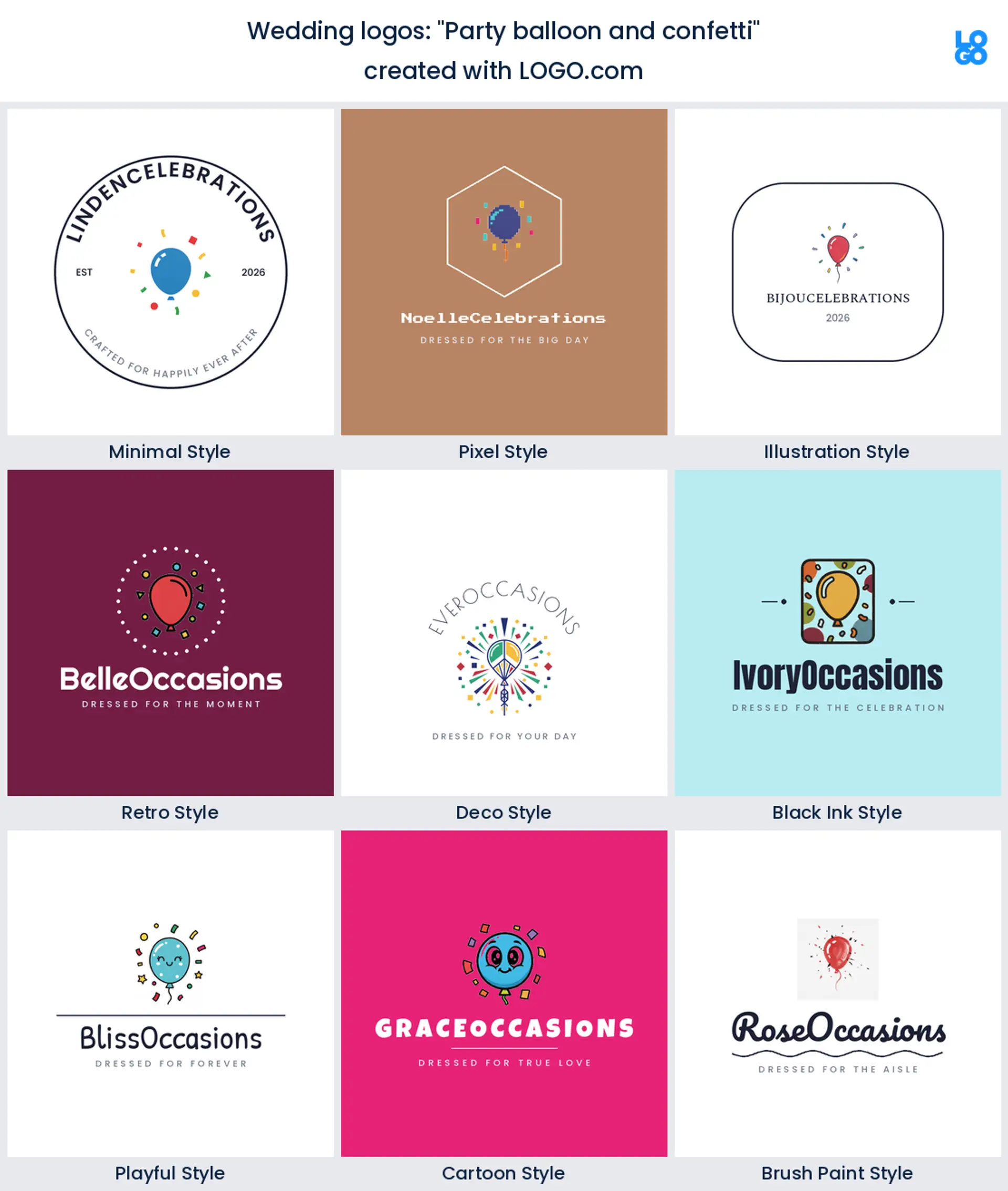 Party balloon and confetti, a wedding logo idea shown in nine LOGO.com styles