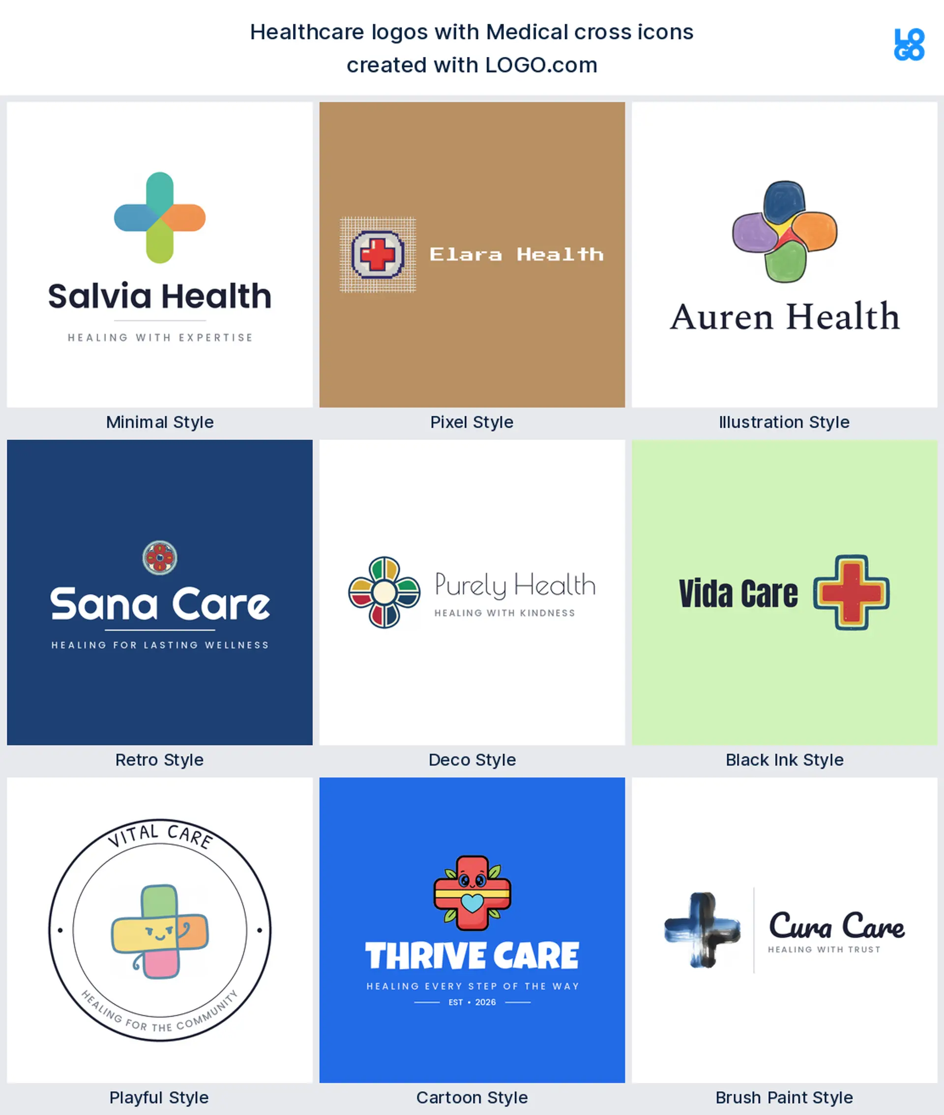 Medical cross shown across nine LOGO.com healthcare logo styles