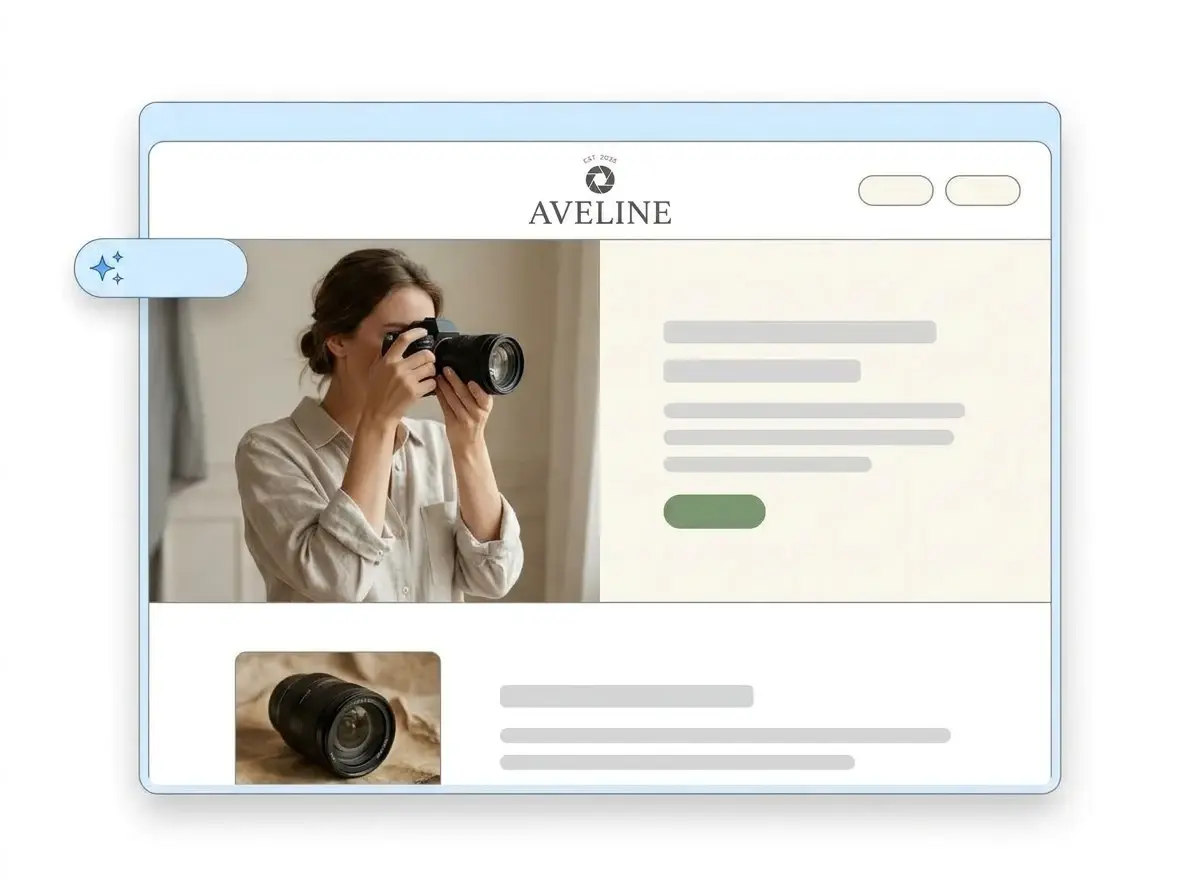 Finished Aveline photography website built by the photography website builder from the uploaded logo, with a photographer hero image and a lens thumbnail