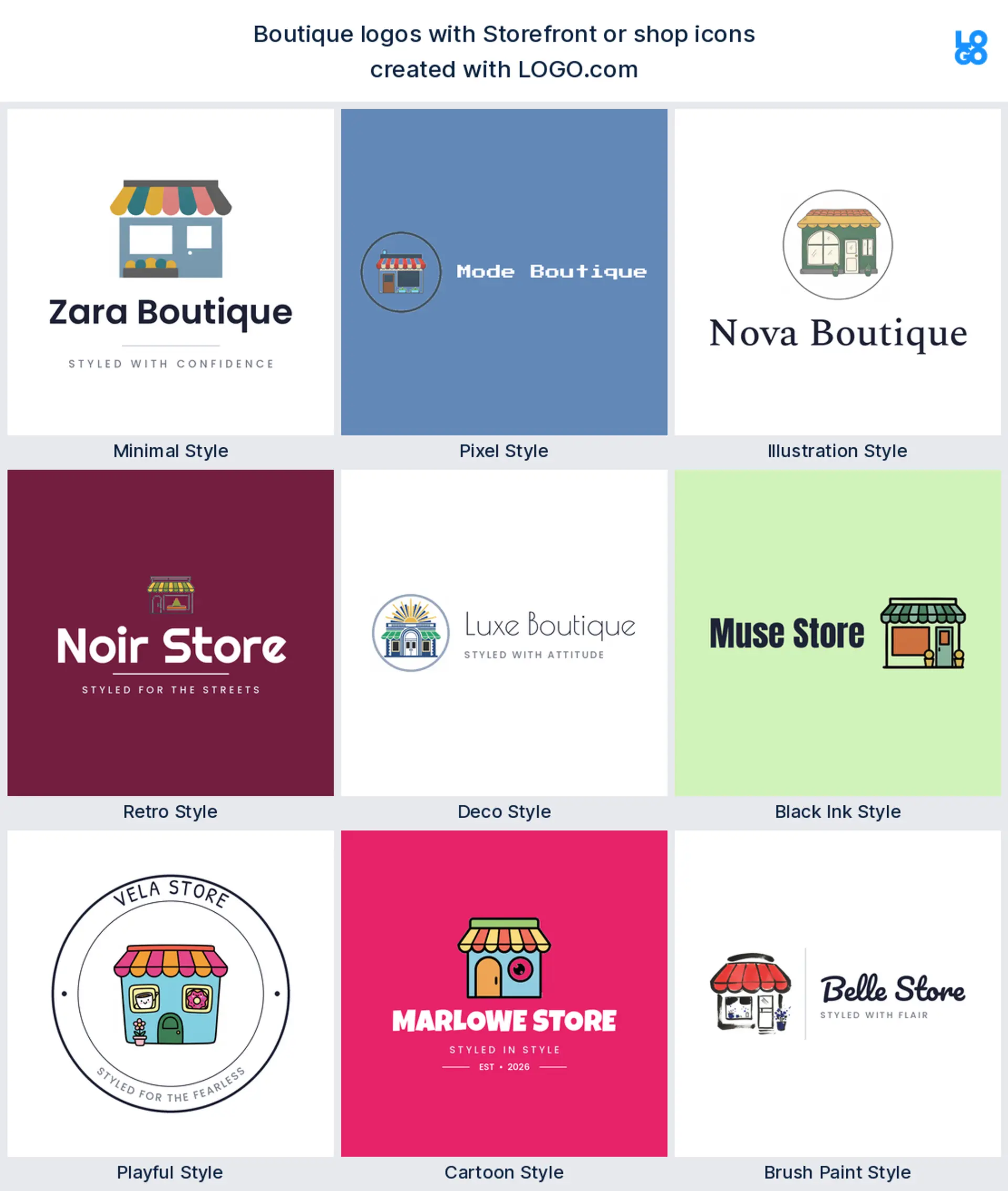 Storefront or shop shown across nine LOGO.com logo styles