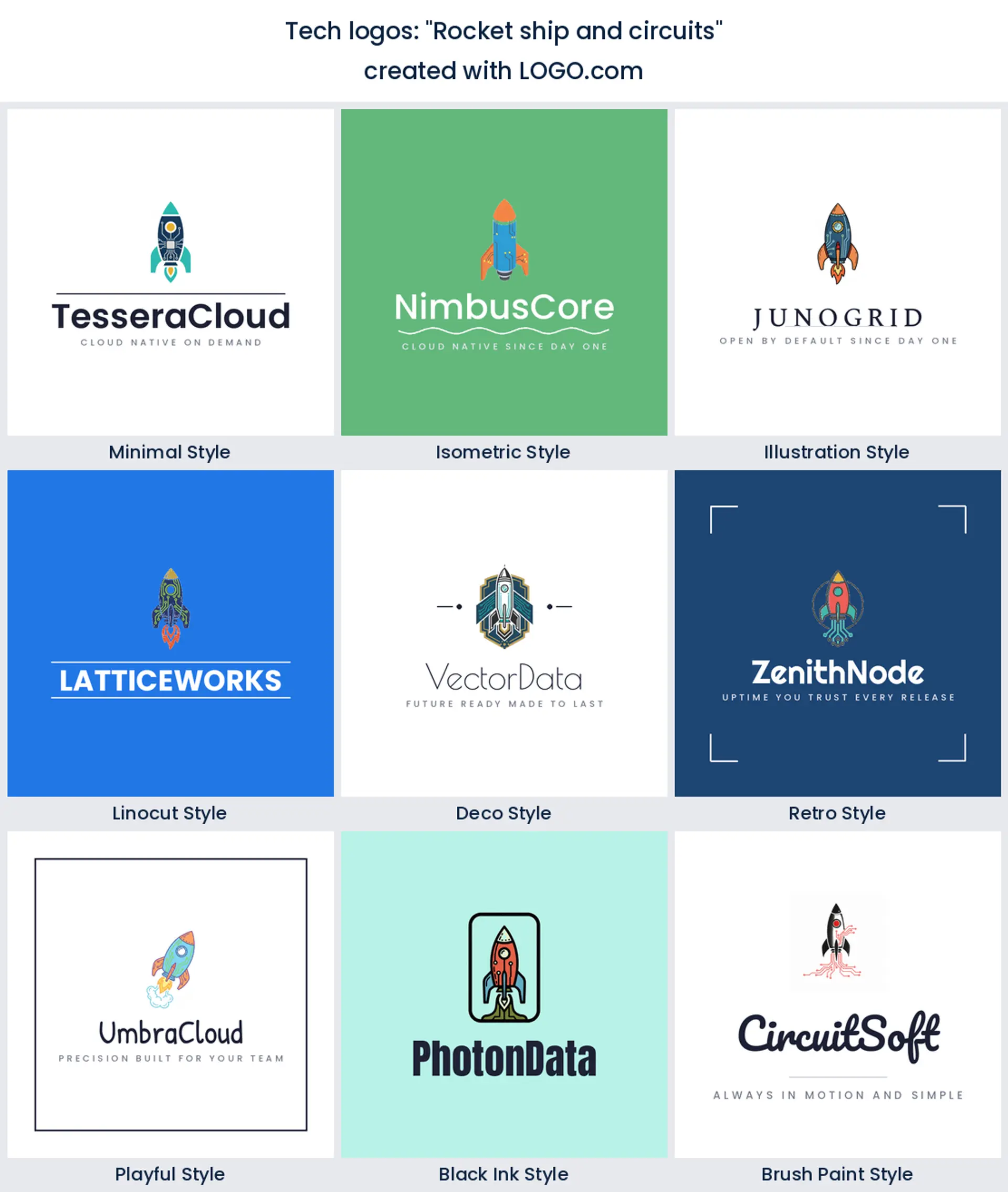 Rocket ship and circuits tech logo in nine styles.