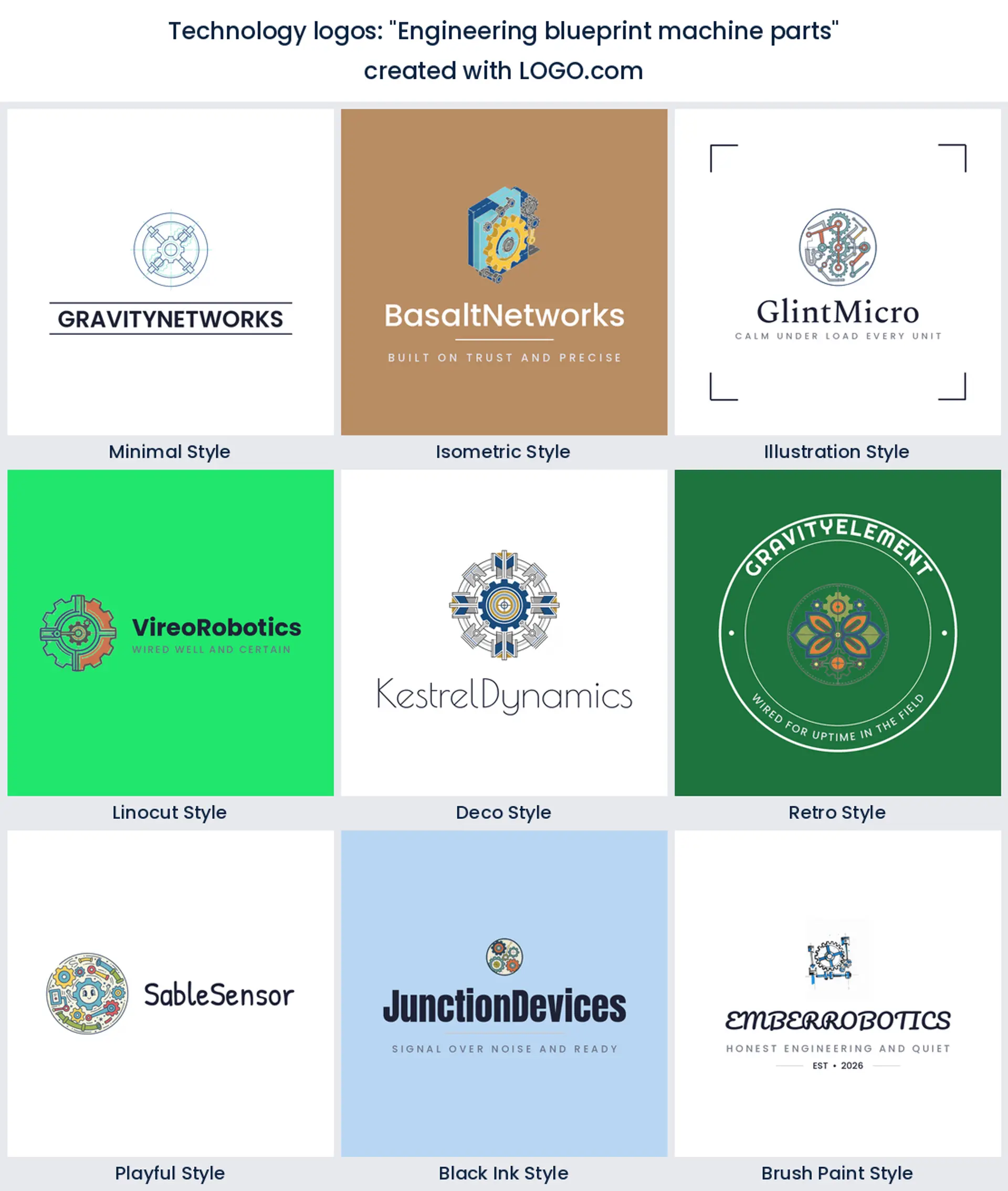 Engineering blueprint machine parts technology logo in nine styles.