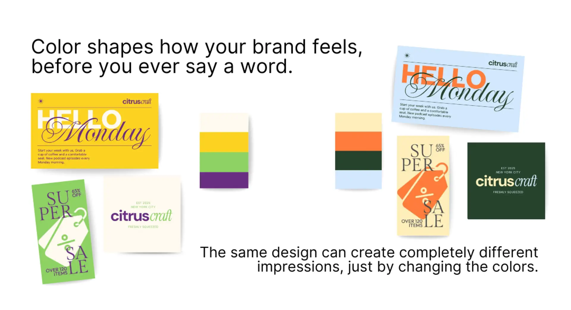 Examples of how color choices change branding perception with different palettes and designs