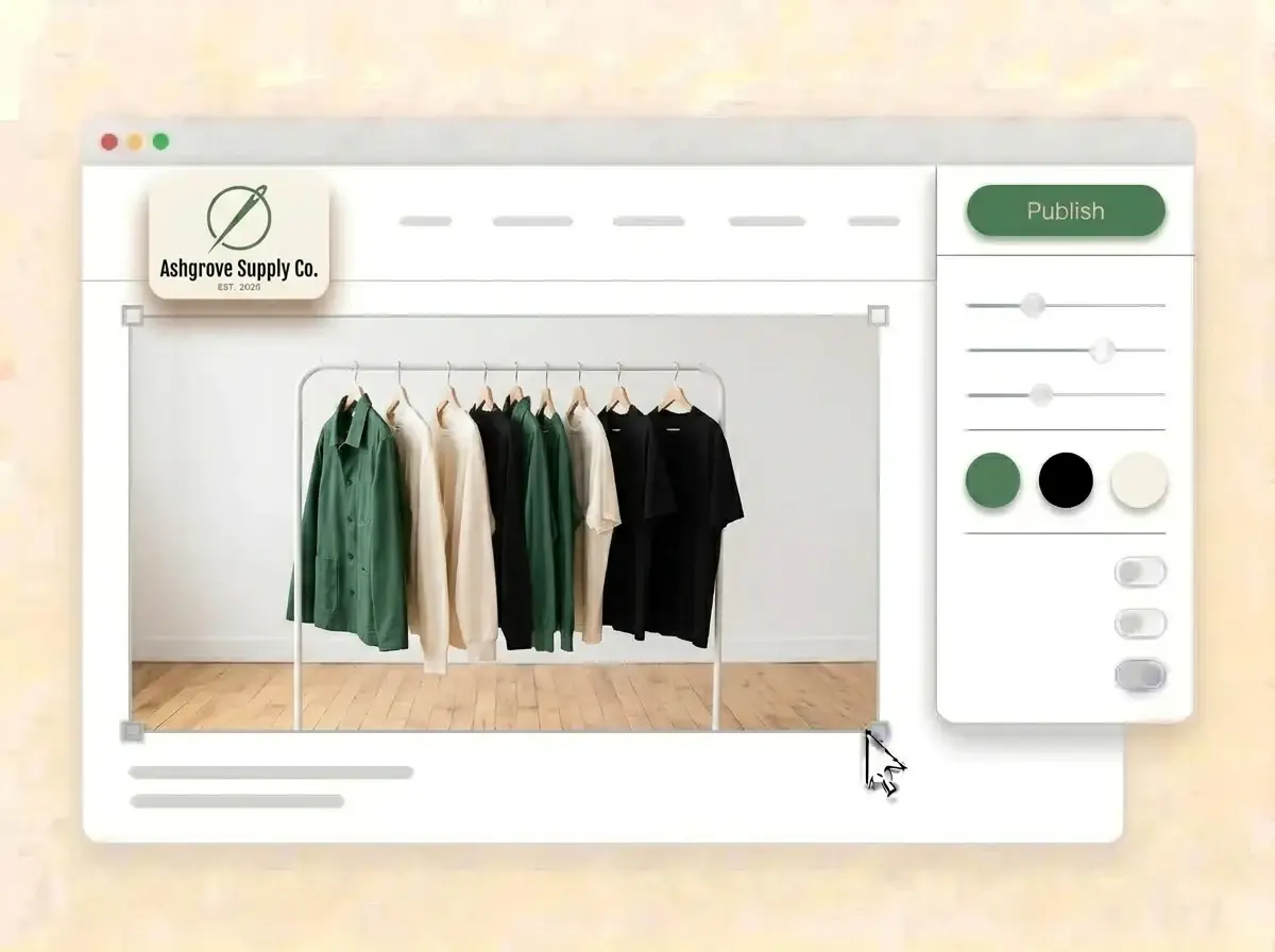 Editing the Ashgrove Supply Co. website with a clothing rack photo selected, the style panel open and the forest green Publish button ready