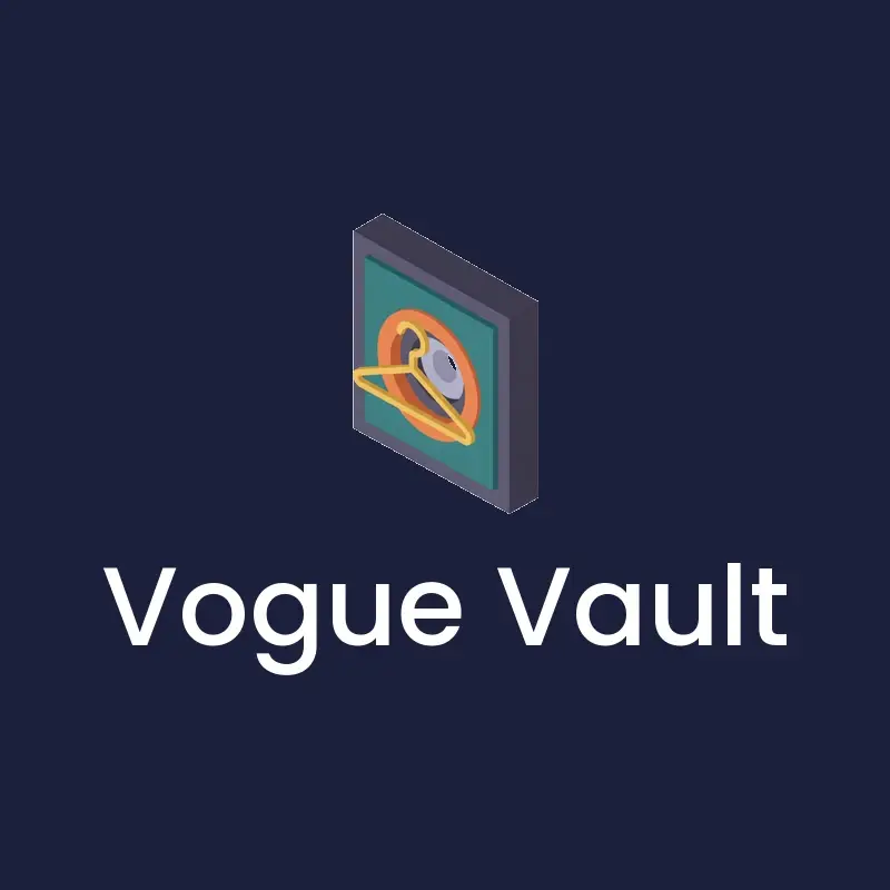 The clothing brand name Vogue Vault as a branded logo in an isometric style