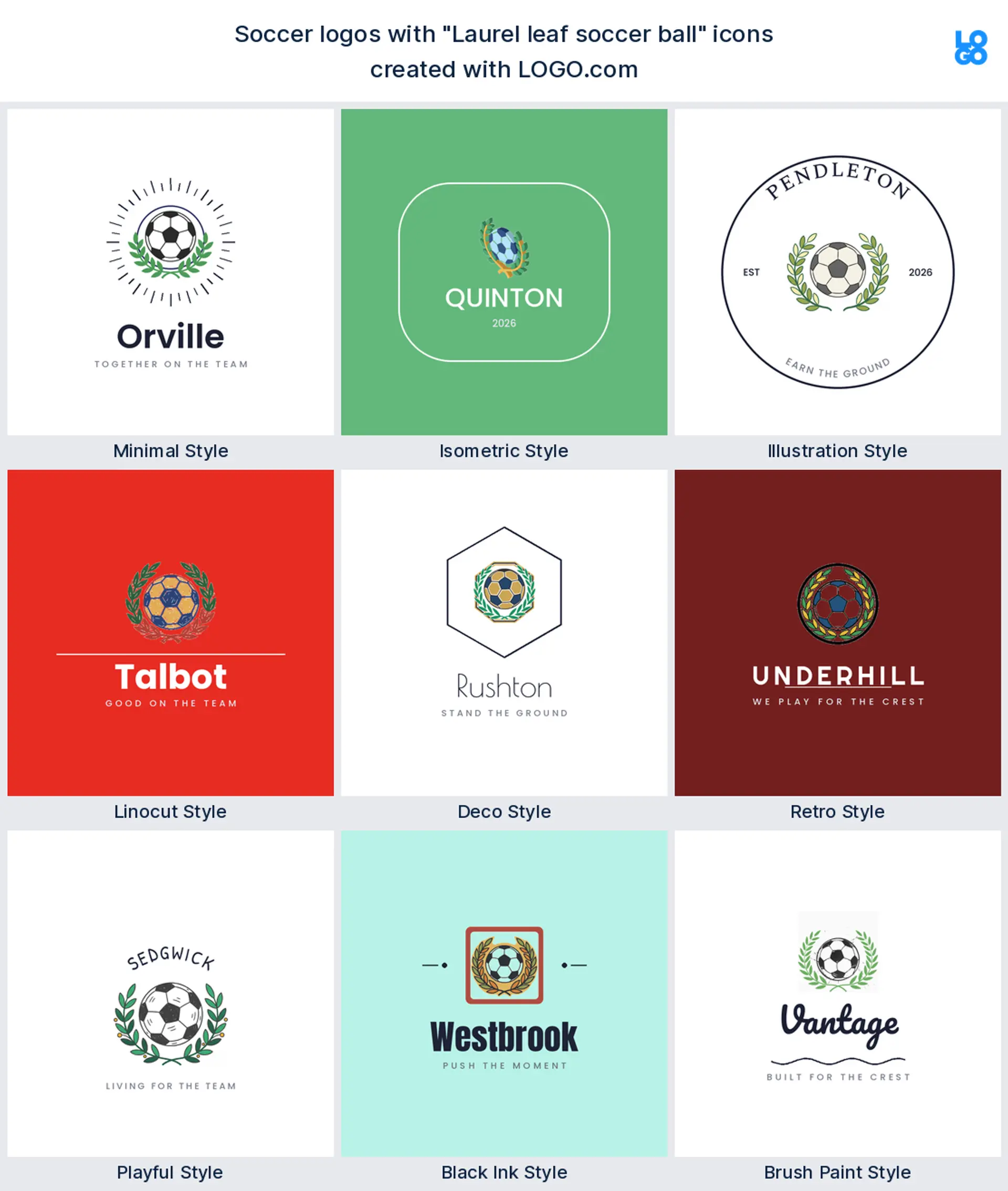 Laurel leaf soccer logo shown in nine LOGO.com styles