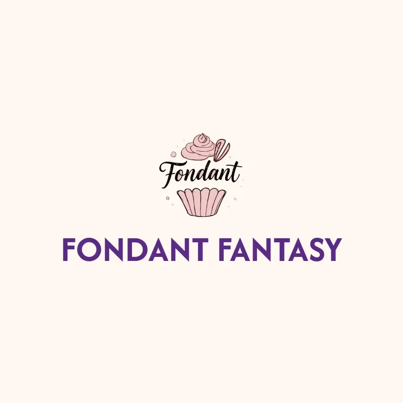 The cake business name Fondant Fantasy as a branded logo with a color icon