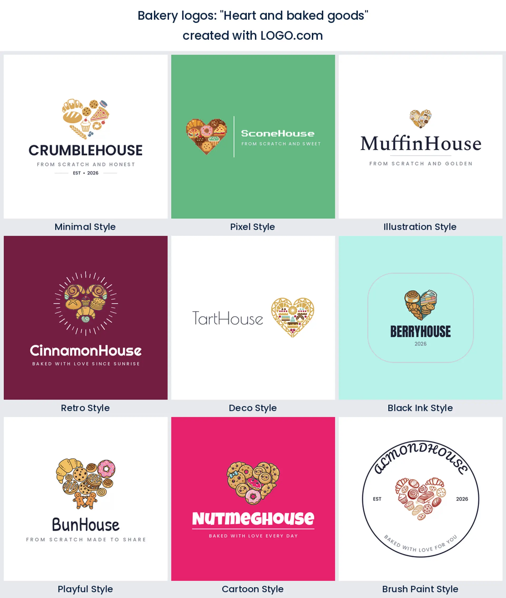 Heart and baked goods bakery logo in nine styles.