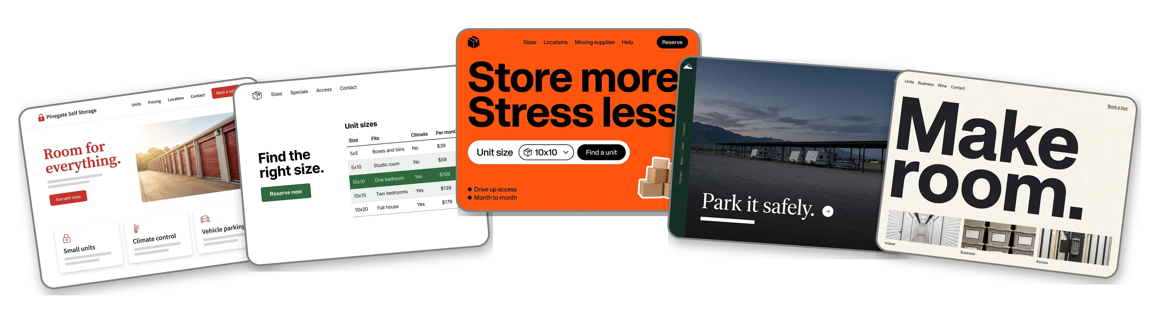 Five self storage websites built with LOGO.com from a logo upload: a family owned facility, a unit size and price table, a unit size finder, an RV and boat storage yard and a climate controlled storage brand