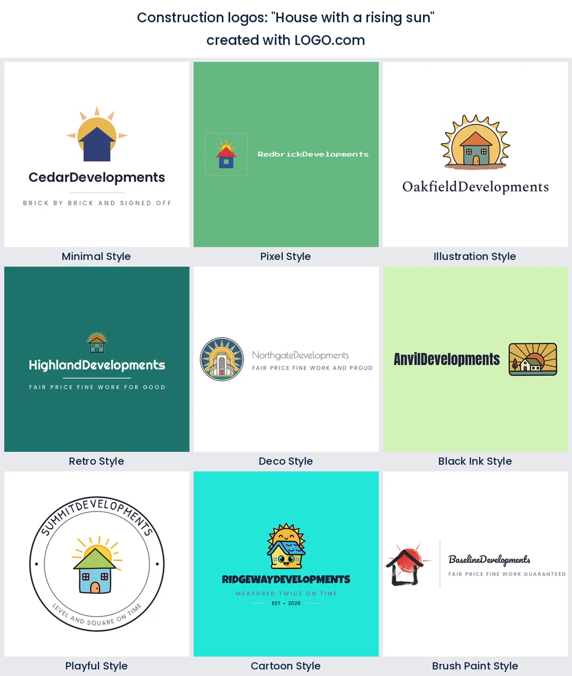 House with a rising sun construction logo idea, shown in nine LOGO.com styles