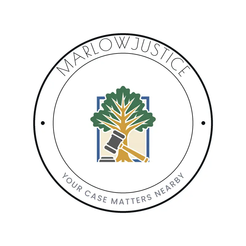 Deco law logo with an oak tree and a gavel inside a ring for MarlowJustice