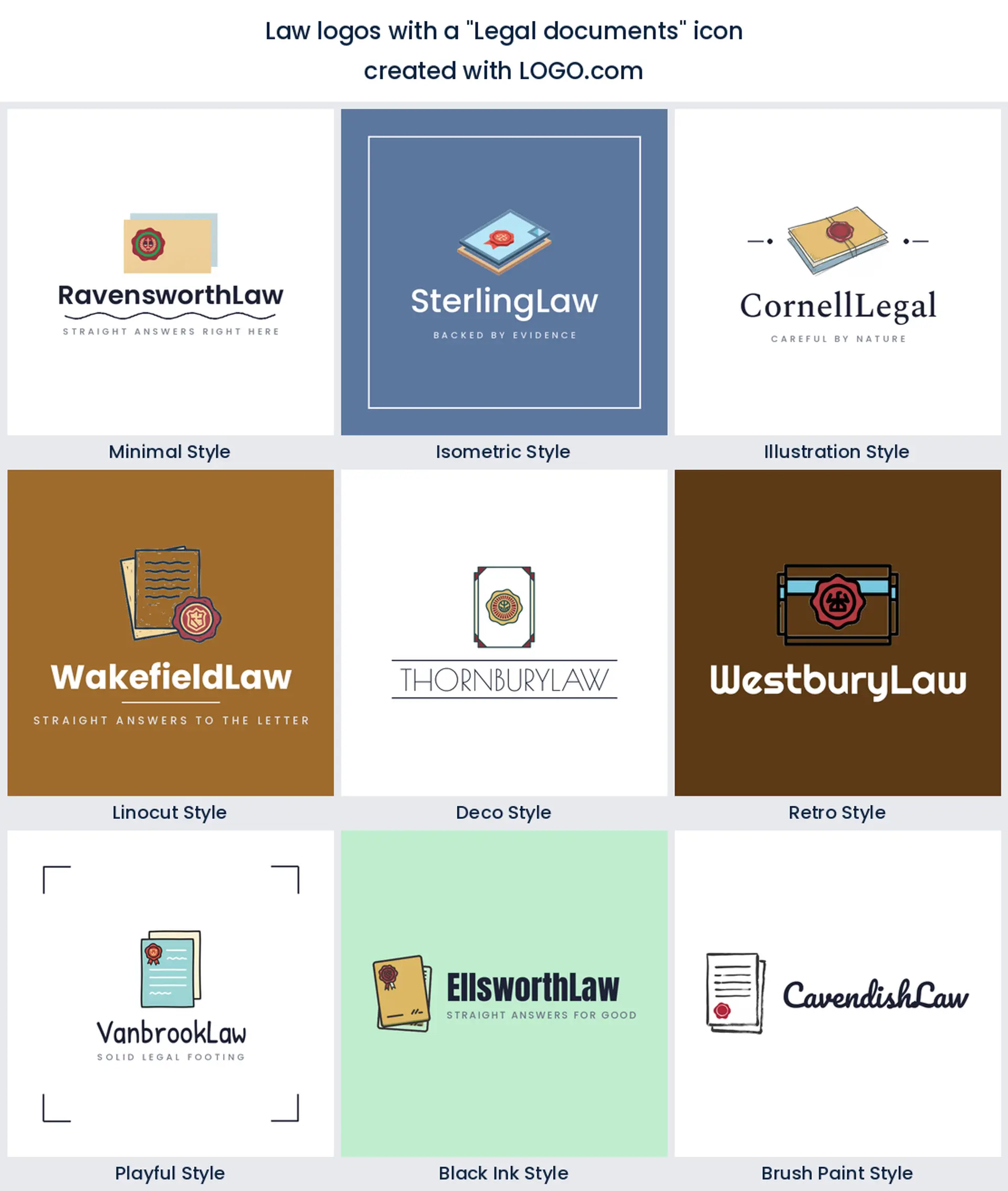 Legal document and wax seal marks shown across nine logo styles