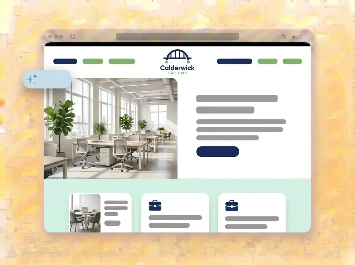 Finished Calderwick Talent recruitment website built by LOGO.com from the uploaded logo, with a bright open plan office in the hero photo