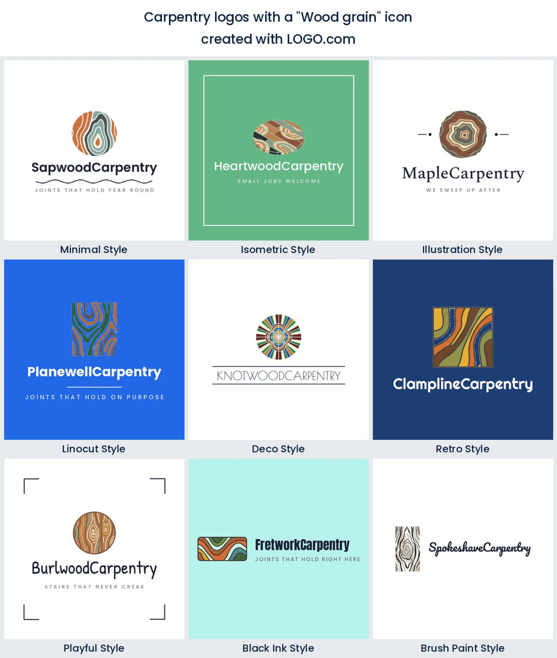 Wood grain carpentry logo shown across nine LOGO.com styles