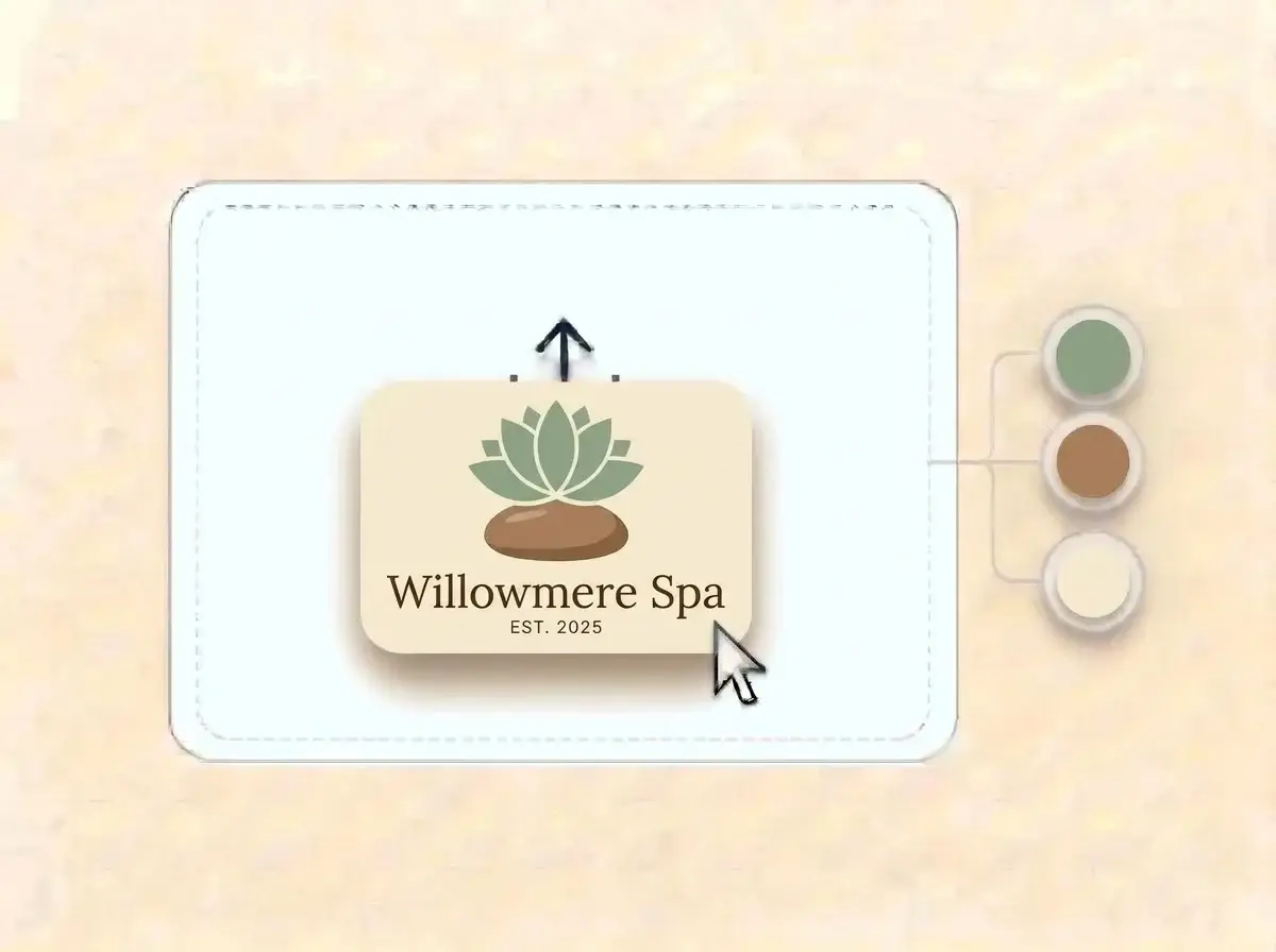 Willowmere Spa logo, a sage green lotus resting on a brown stone on a cream card, dropped into the LOGO.com upload box with its colors split into swatches