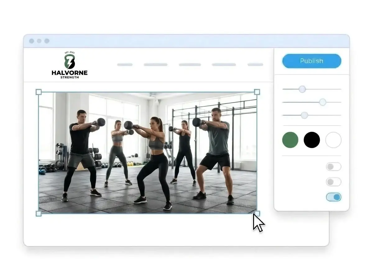 Editing the Halvorne Strength website with a group training photo selected, the style panel open and the Publish button ready