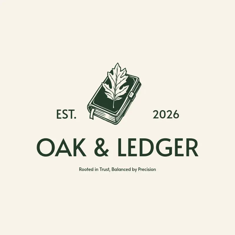 The accounting firm name Oak & Ledger as a branded logo with a single color icon