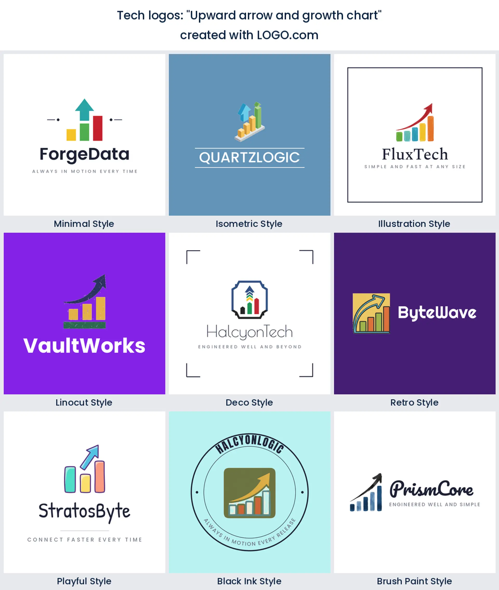 Upward arrow and growth chart tech logo in nine styles.
