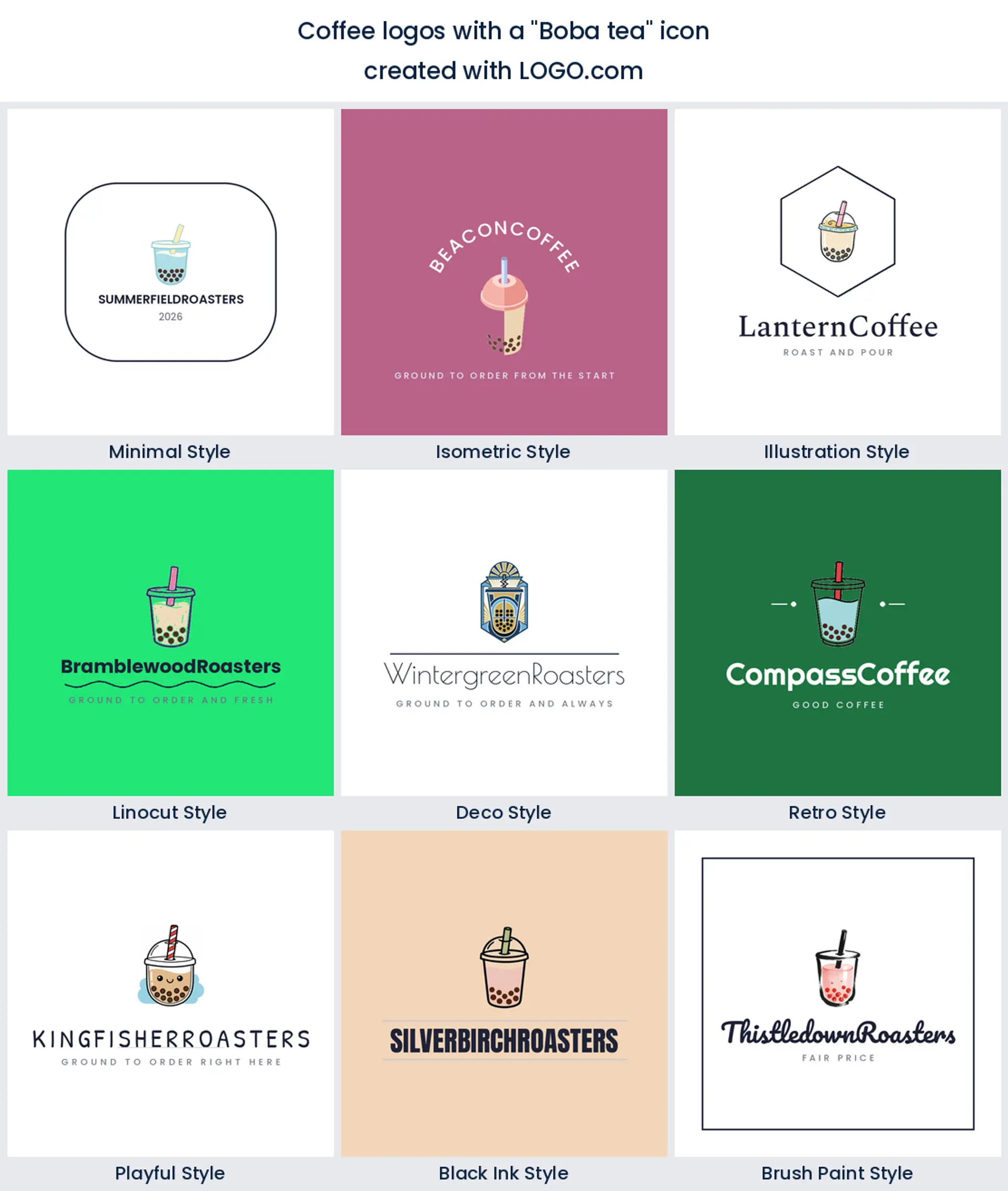 Boba tea coffee logo shown in nine LOGO.com styles