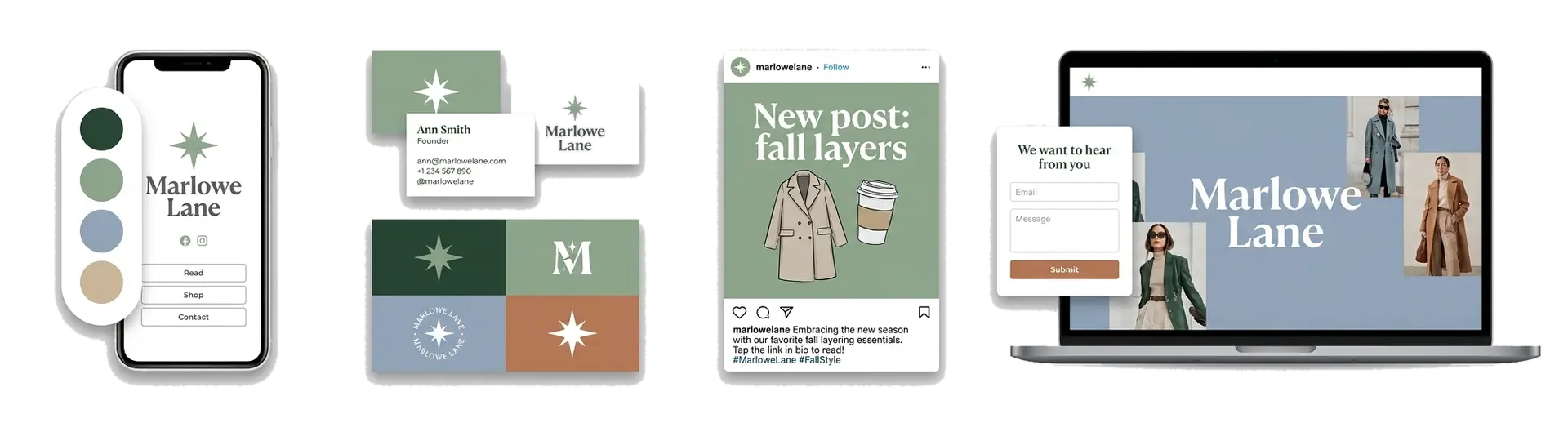 A fashion blog logo maker showing a blogger brand across a site header, an Instagram profile, and a phone
