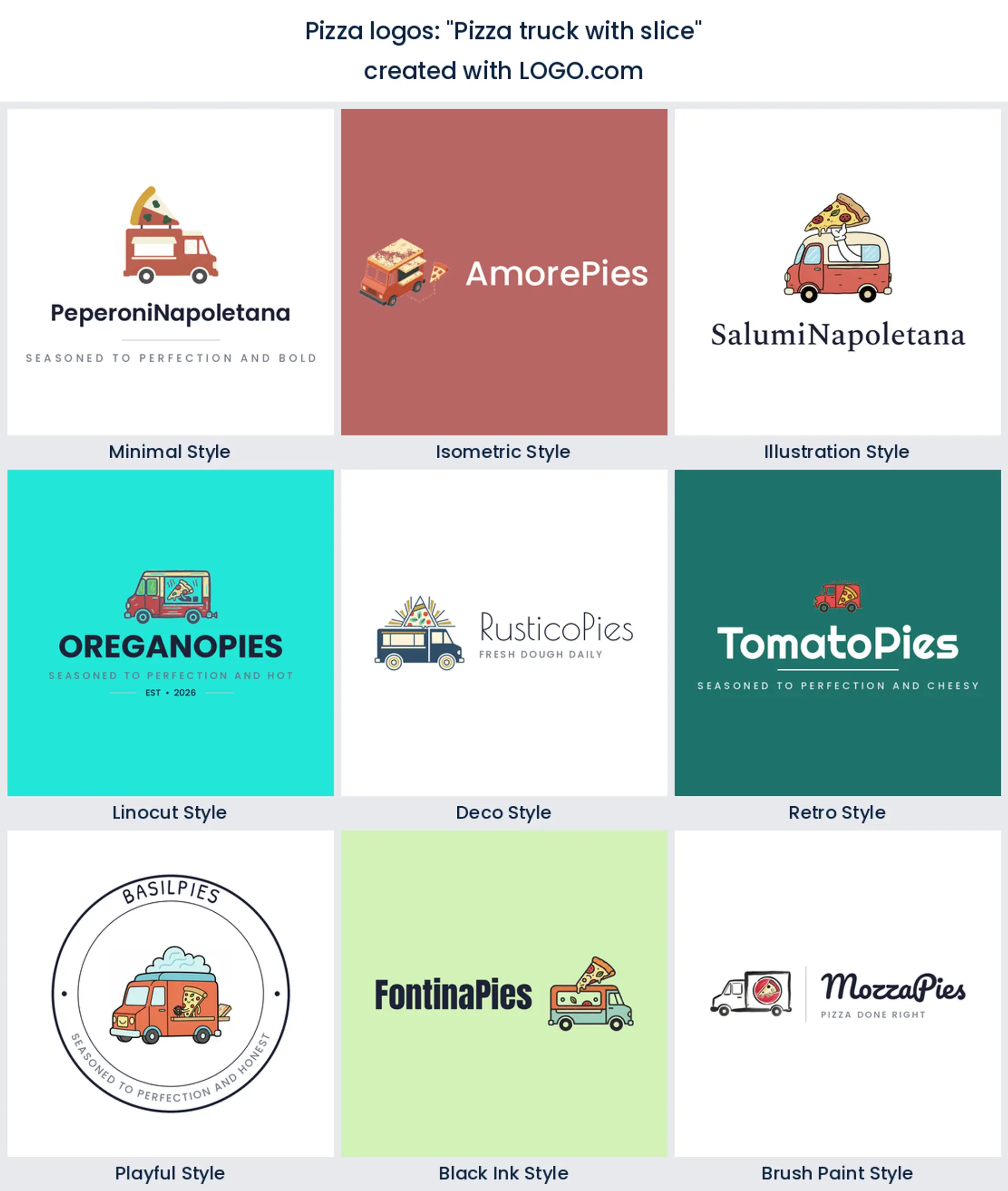 Pizza truck with slice logo in nine styles.