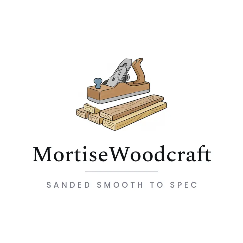 Illustrated wood plane and lumber planks logo for MortiseWoodcraft