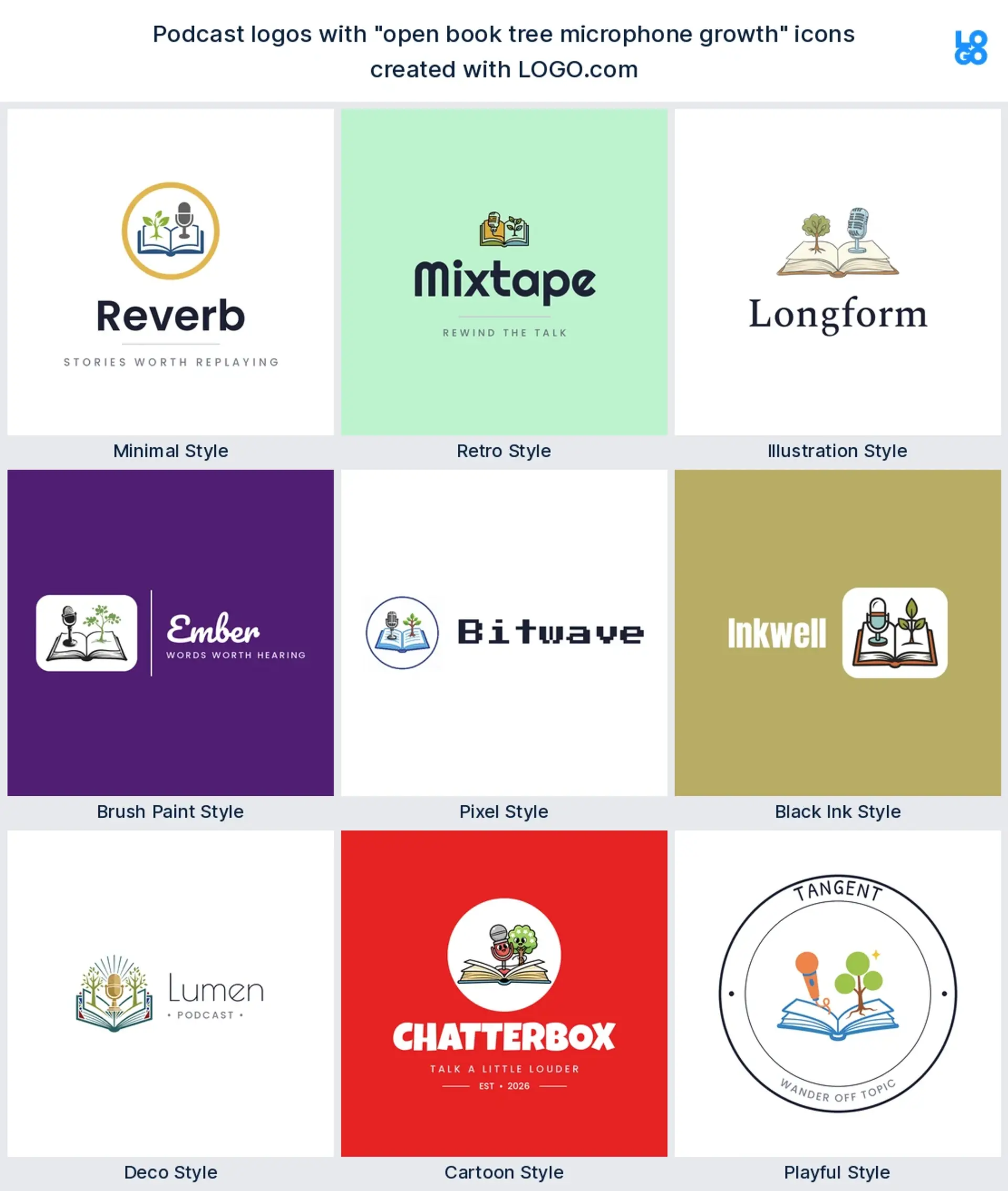 Open book, tree and growth podcast logo shown in nine LOGO.com styles