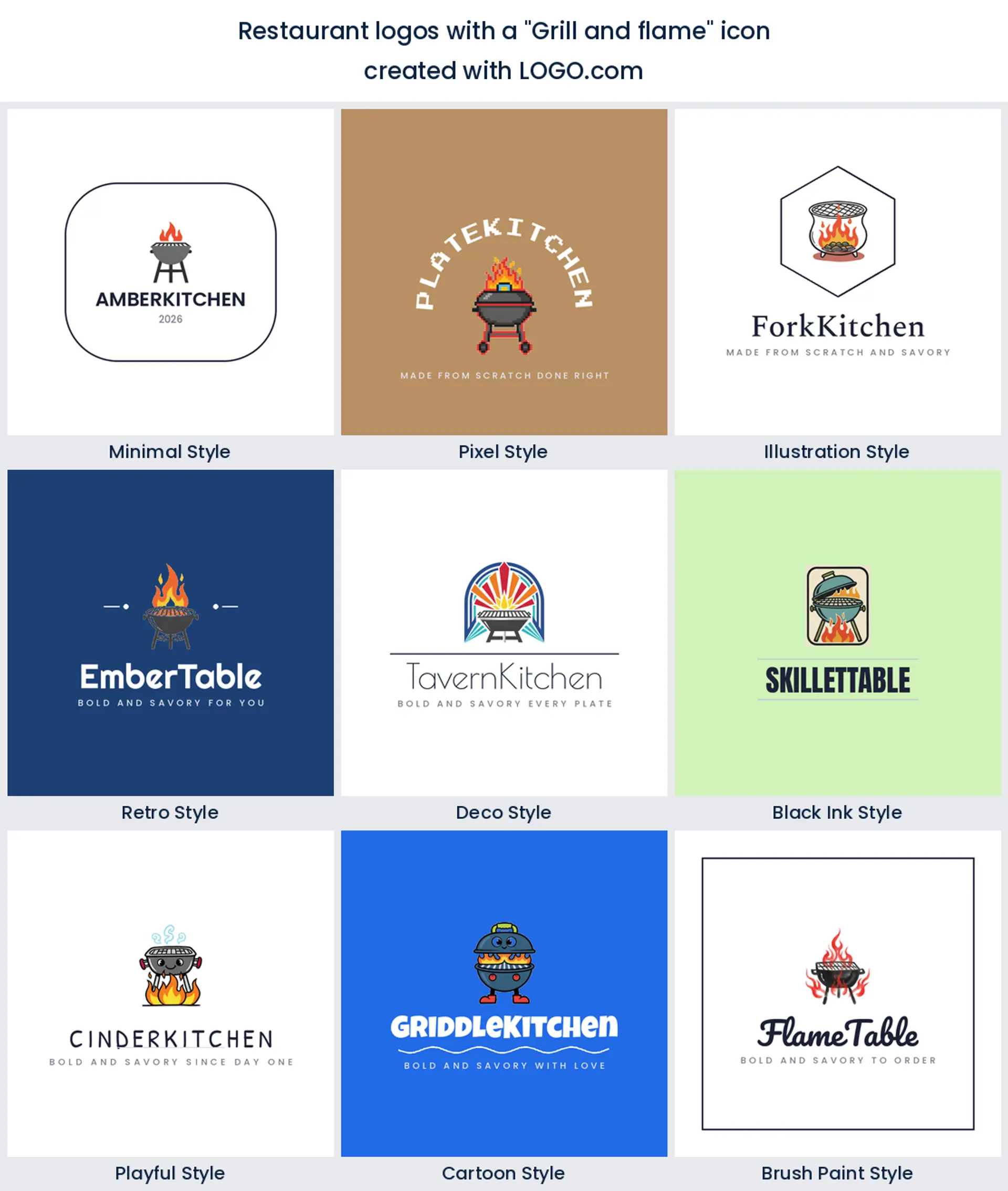 Grill and flame restaurant logo shown in nine LOGO.com styles.