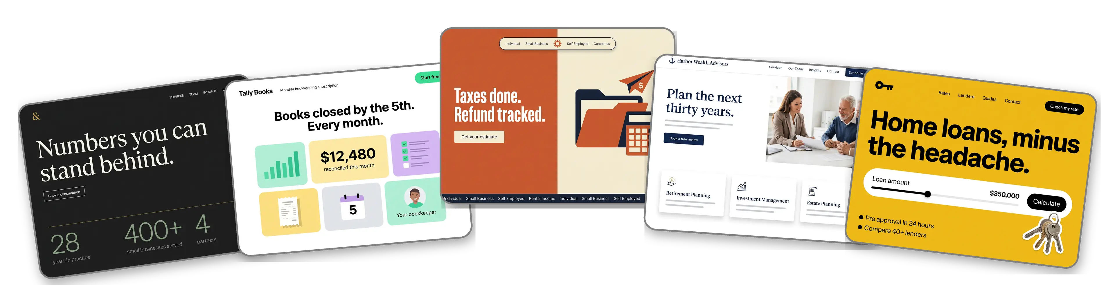 Five financial services websites built with LOGO.com from a logo upload: a CPA firm, a bookkeeping service, a tax preparation office, a financial advisor and a mortgage broker