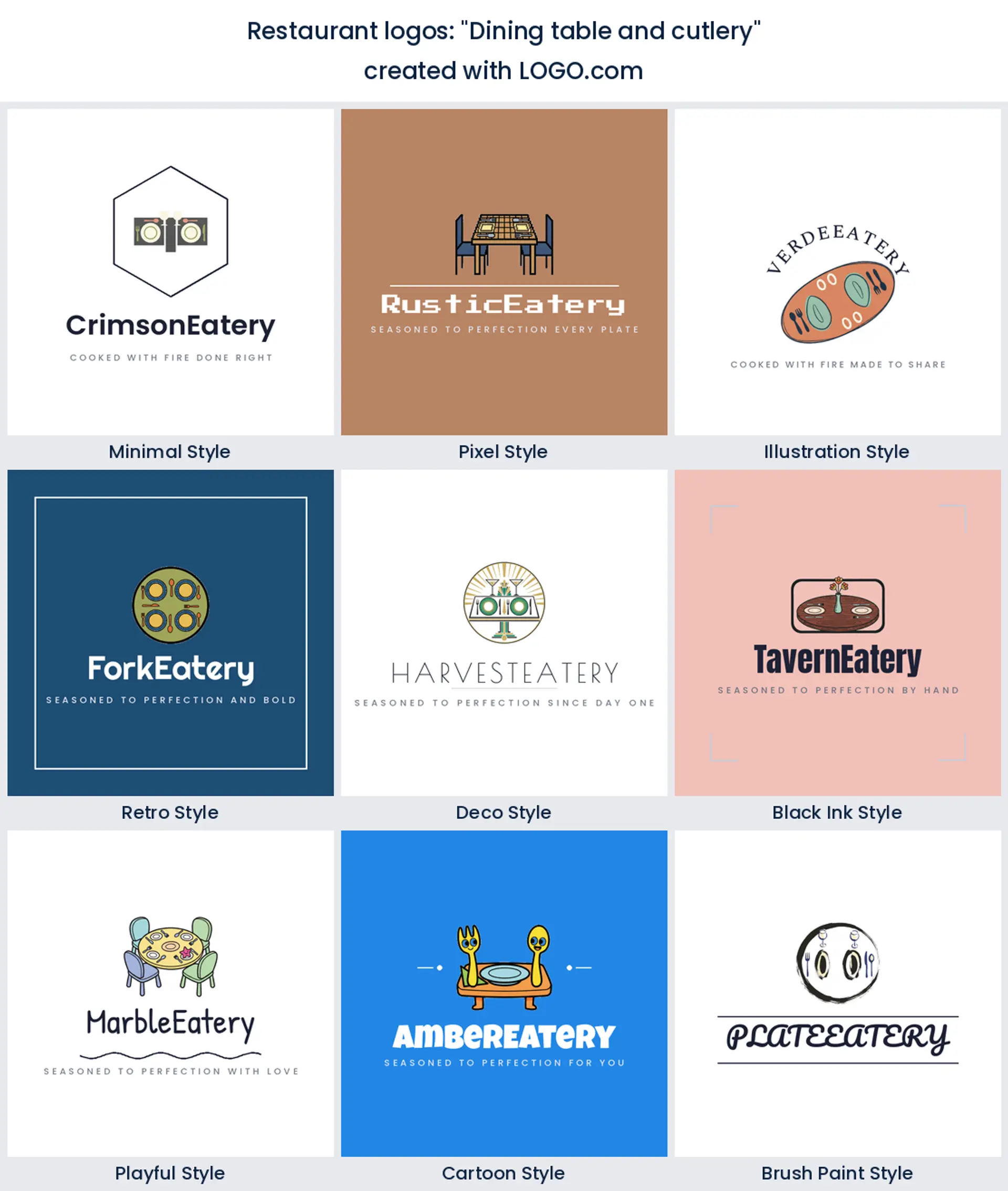 Dining table and cutlery restaurant logo in nine styles.