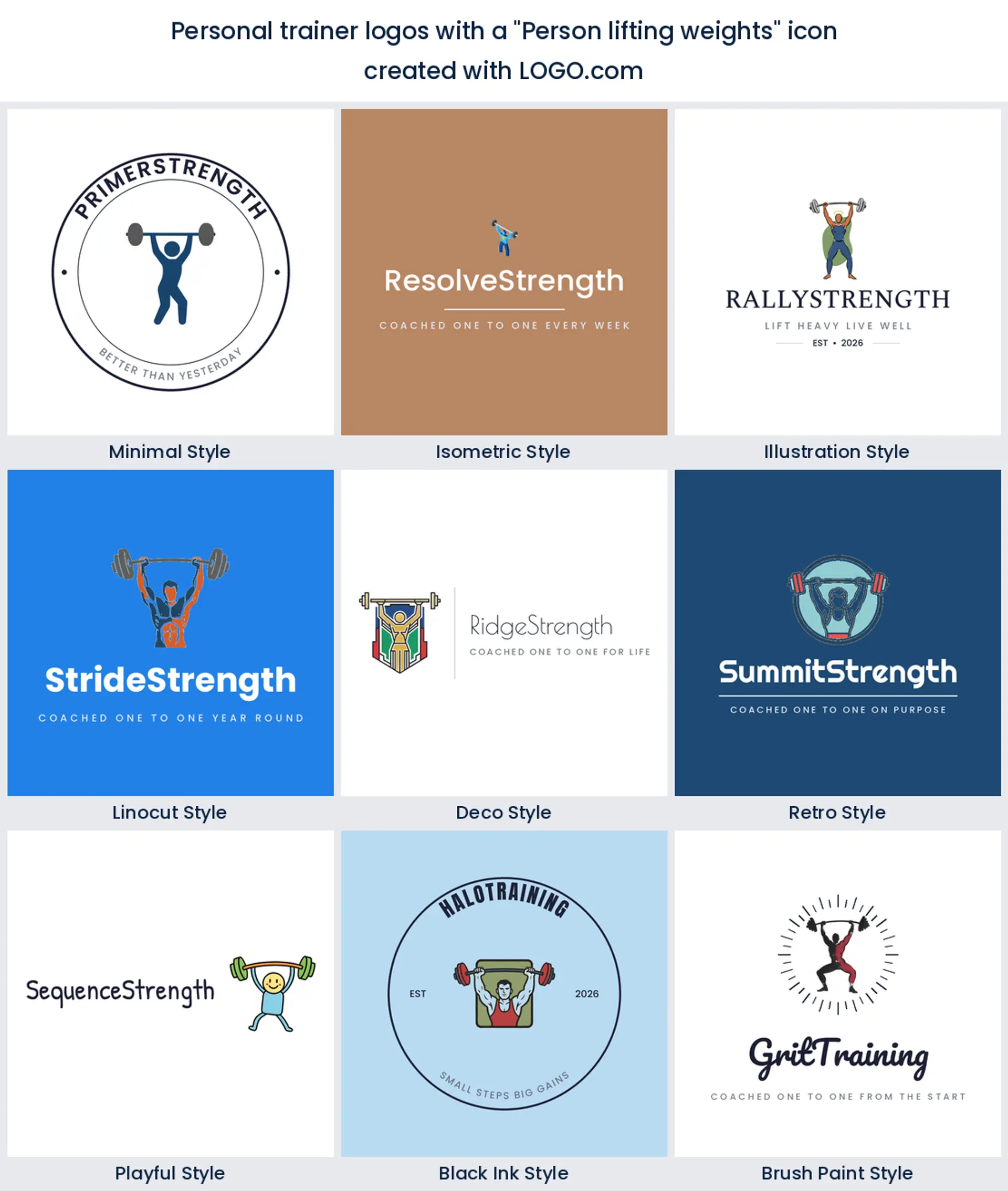 Person lifting a barbell overhead in a personal training logo across nine LOGO.com styles