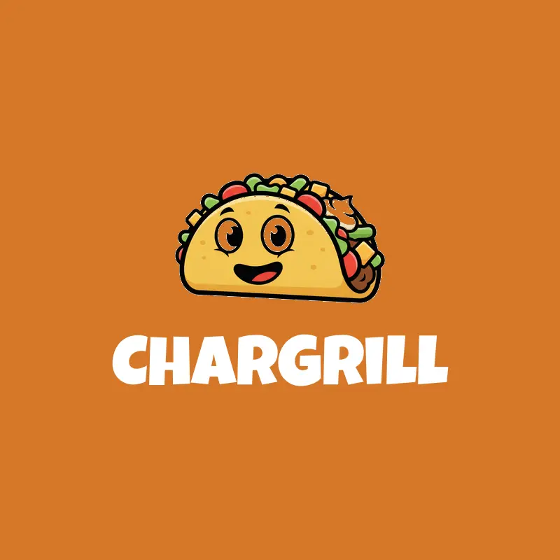 A cartoon taco restaurant logo on an orange background.