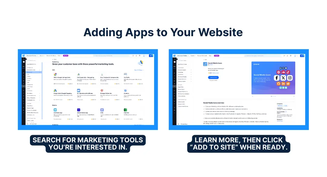 Two screenshots of the Wix App Market with instructions: 'Search for marketing tools you’re interested in' and 'Learn more, then click Add to Site when ready.'