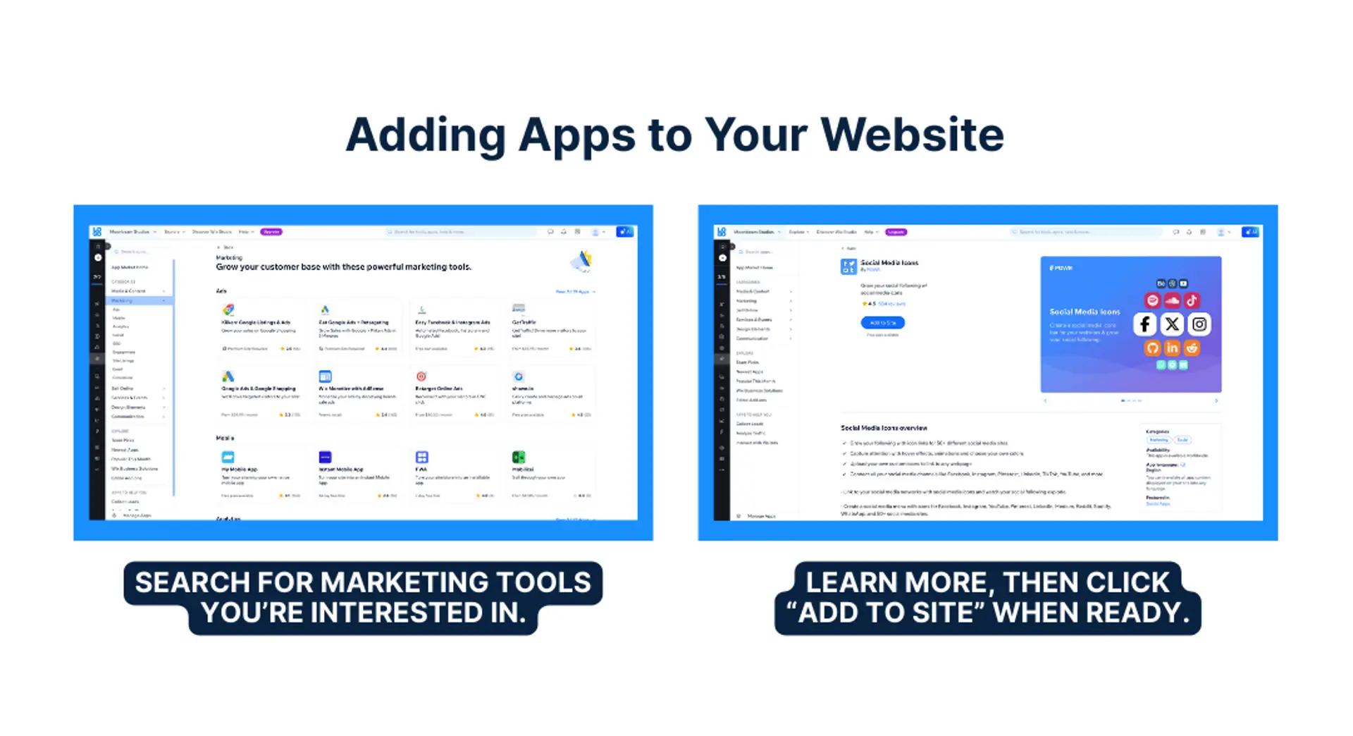 Two screenshots of the Wix App Market with instructions: 'Search for marketing tools you’re interested in' and 'Learn more, then click Add to Site when ready.'