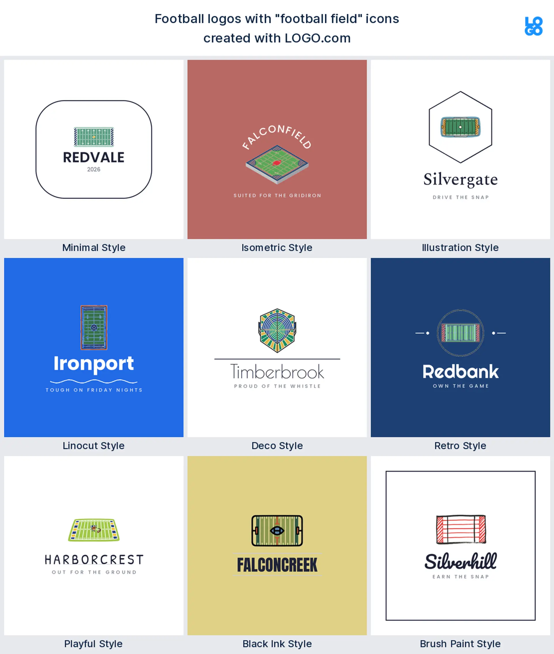 Football field logo shown in nine LOGO.com styles