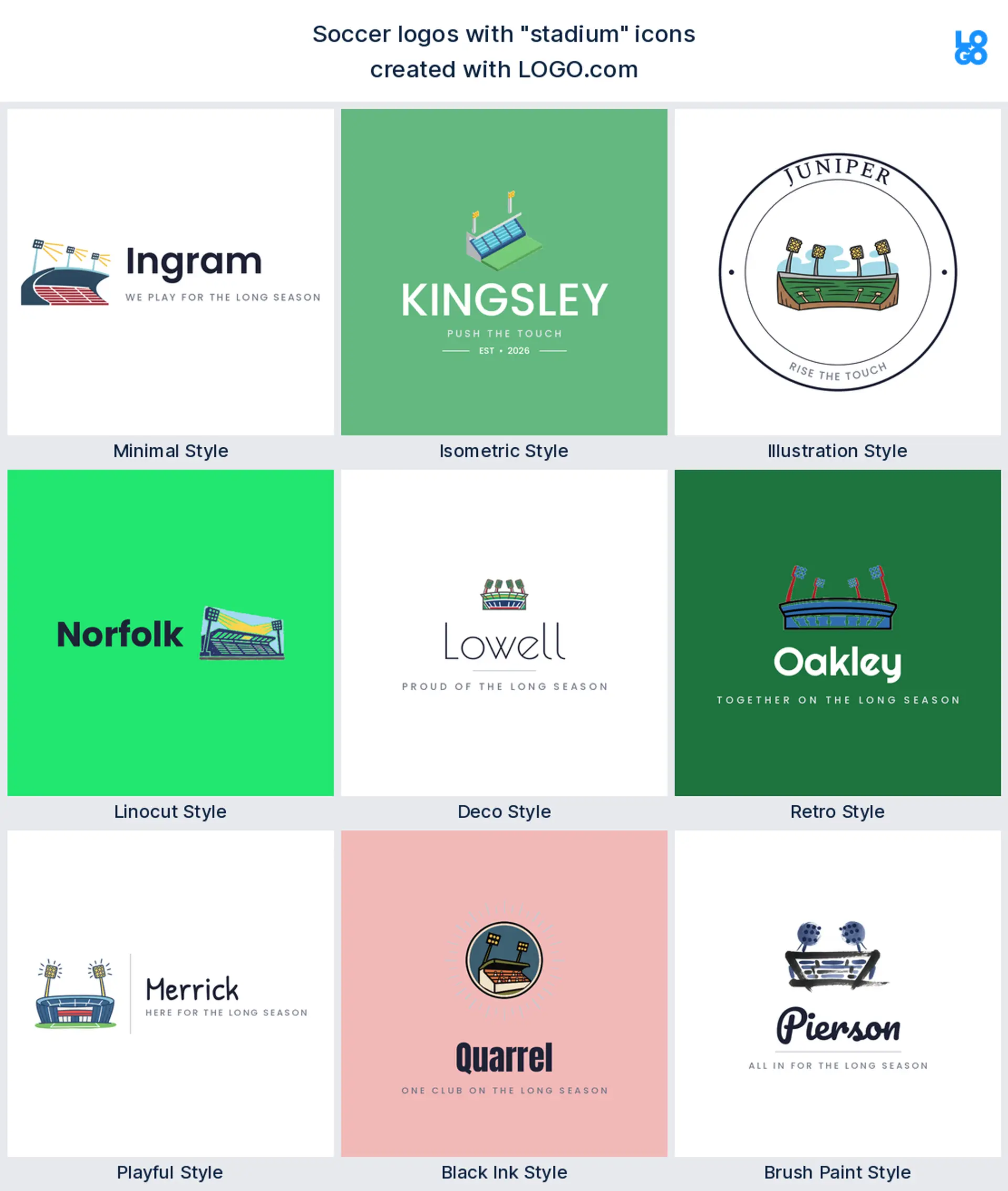 Stadium soccer logo shown in nine LOGO.com styles