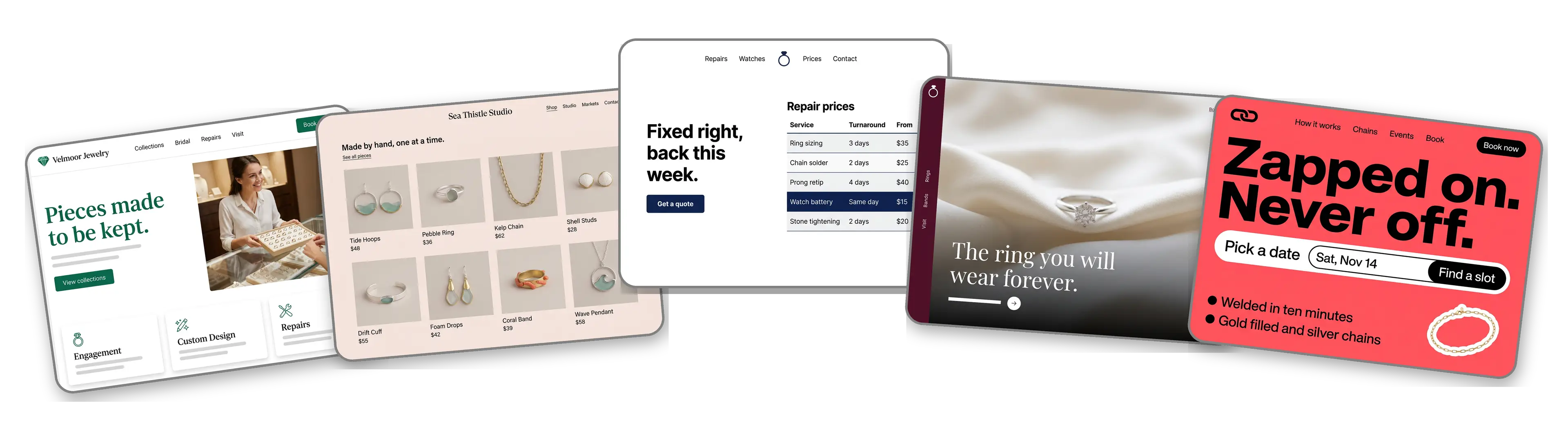 Five jewelry websites built with LOGO.com from a logo upload: a fine jewelry store, a handmade jewelry maker, a jewelry repair counter, a bridal and engagement ring studio and a permanent jewelry pop up