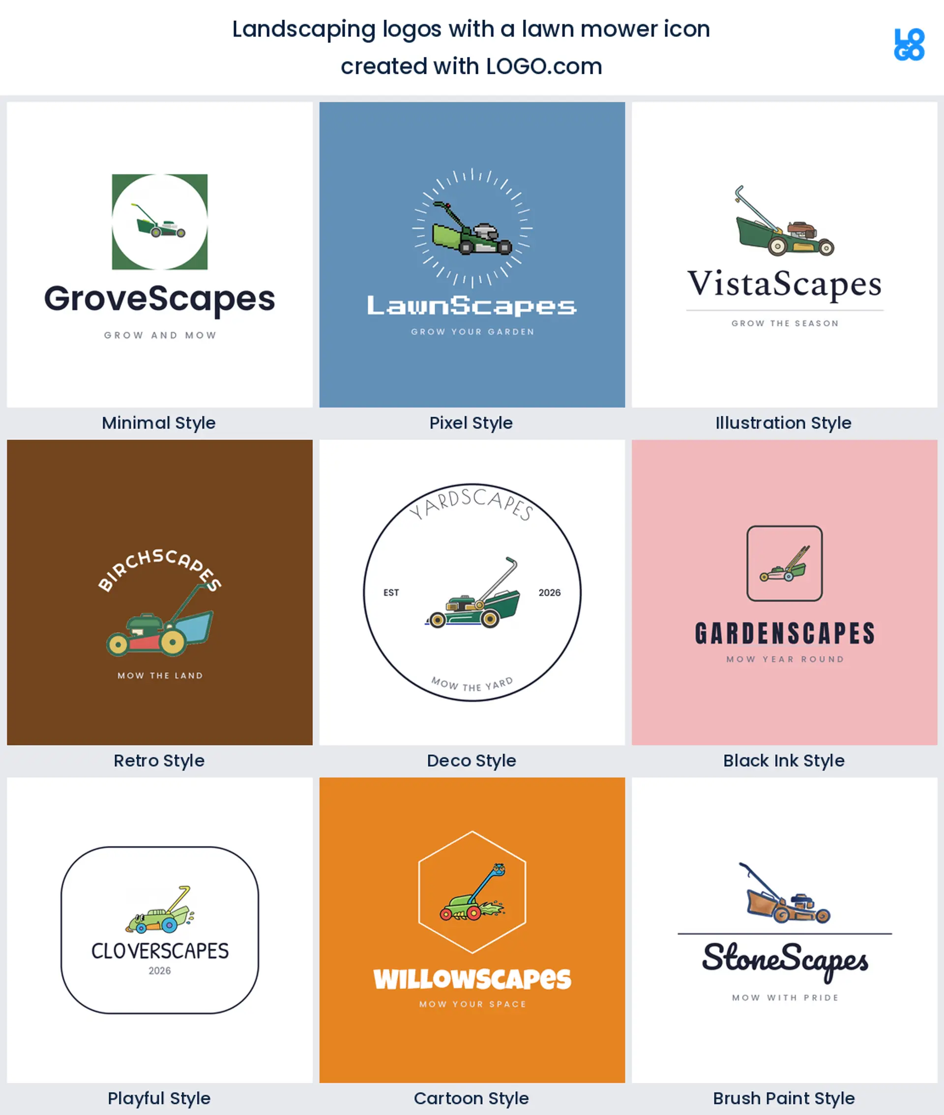 Lawn mower landscaping logo shown in nine LOGO.com styles